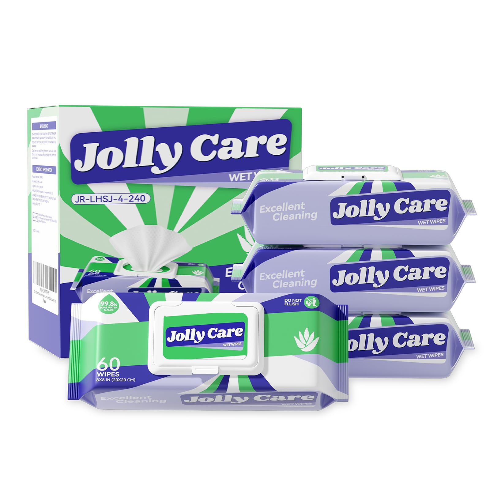 Jolly Care Wet Wipes for Adults, Adult Wipes for Hands and Body, Unscented Hand Wipes, Fragrance-free, Alcohol-free, 99% EDI Pure Water and Aloe, 4 Flip-Top Packs (240 Wipes Total)
