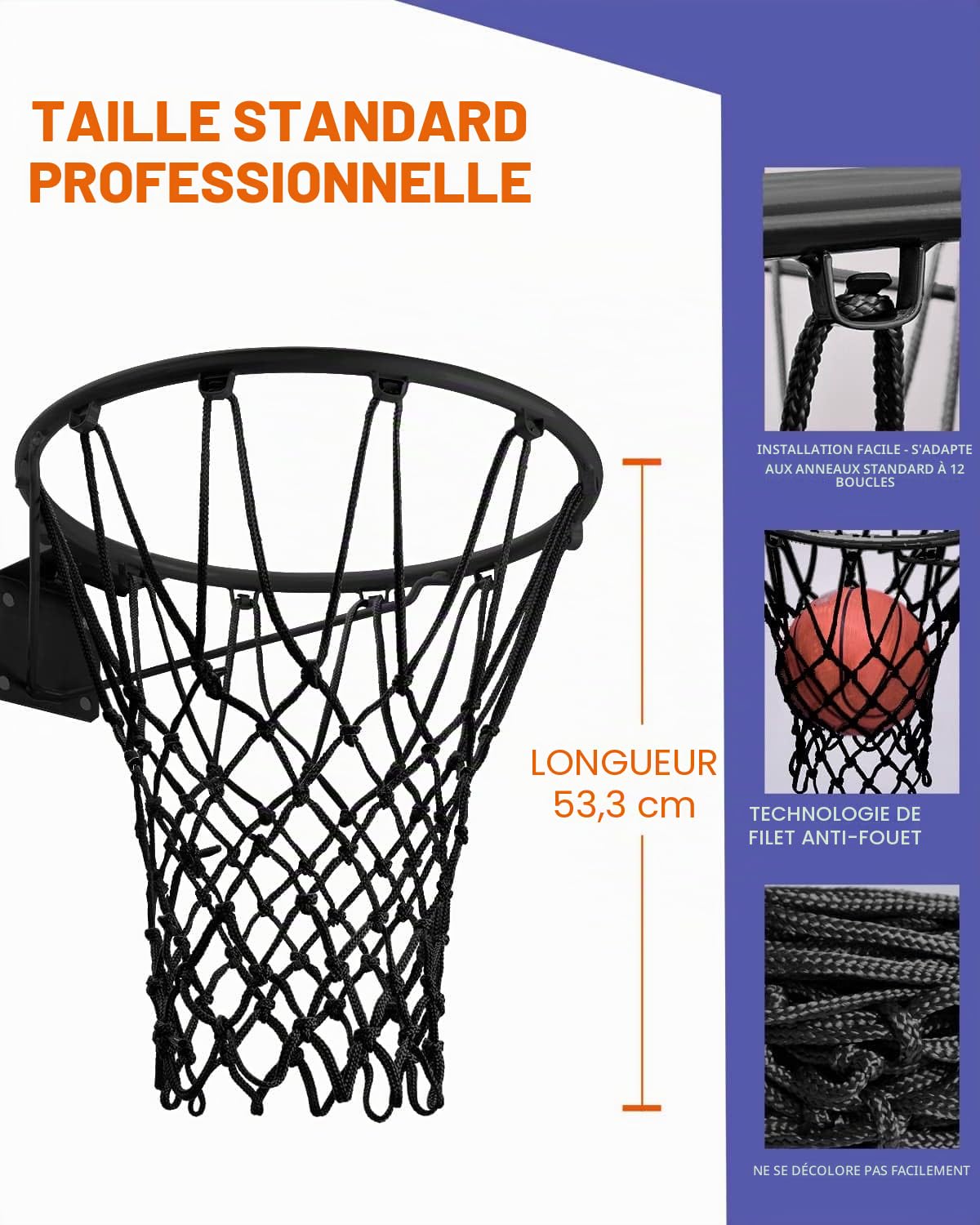 Filet de Basket-Ball de Rechange très résistant, qualité Professionnelle sur Terrain, s'adapte à la Jante Standard extérieure et intérieure, Anti-Fouet Toutes Saisons