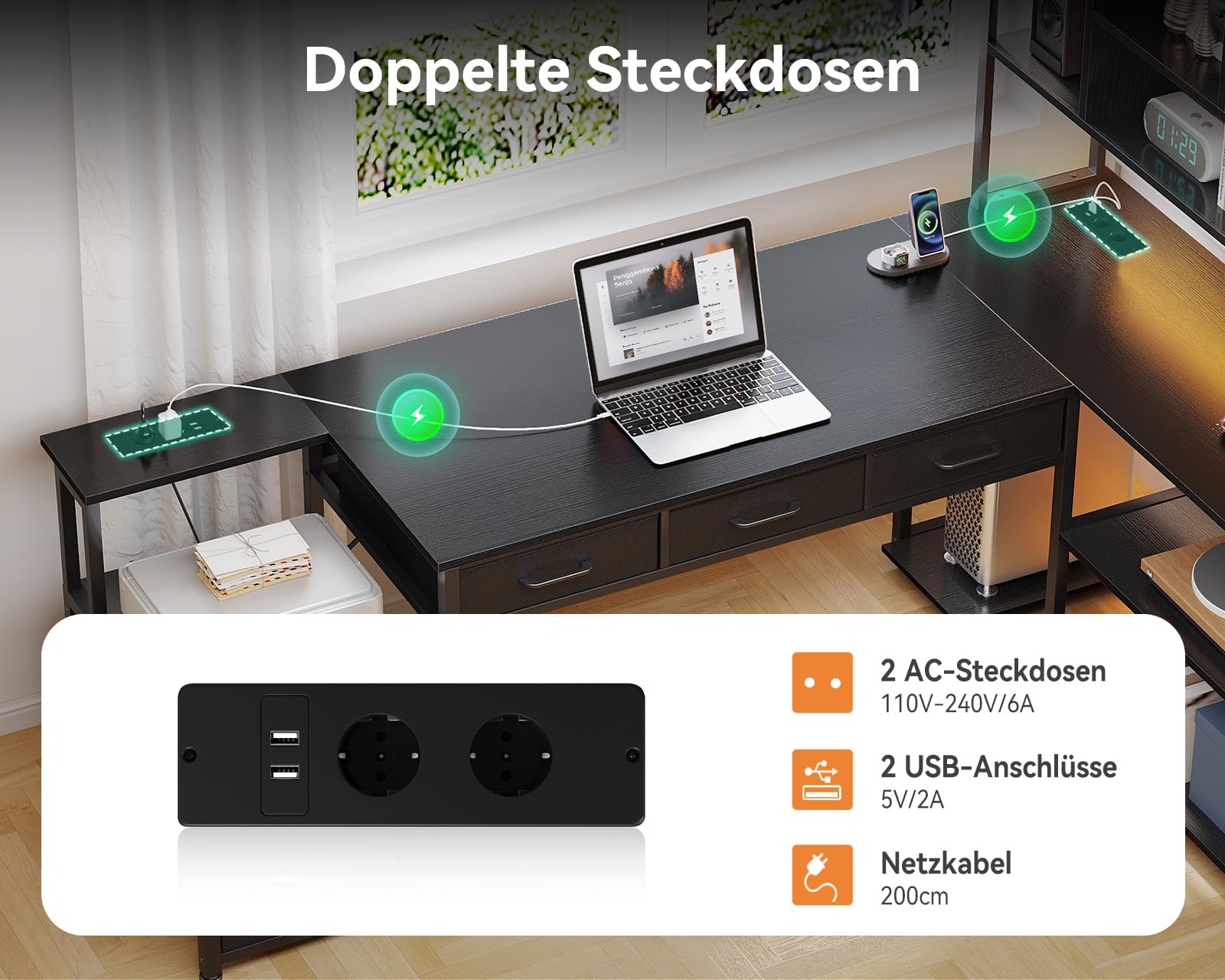 Coleshome Biurko Narożne z 5 Szufladami i 4 Półkami, 180×100×154.2 cm Biurko w Kształcie L z LED, Gniazdkami i USB, Duże Biurko do Pracy Zdalnej, Czarny