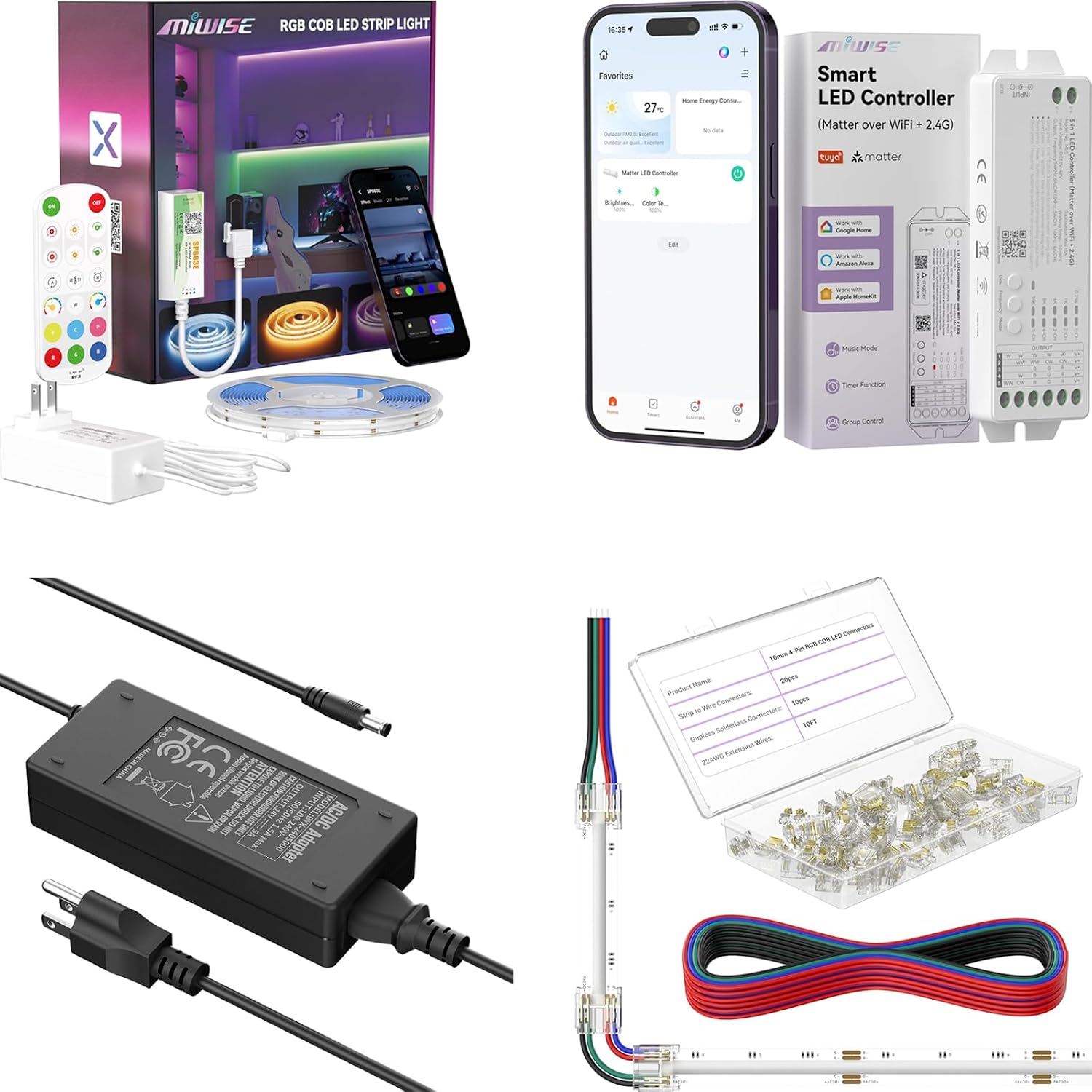 MIWISE RGB COB LED Strip Light, UL-Listed Music Sync Color Changing Dimmable Super Bright LED Lights,32.8ft,Matter LED Controller,120w Power Supply Adapter,10mm LED Connectors Kit