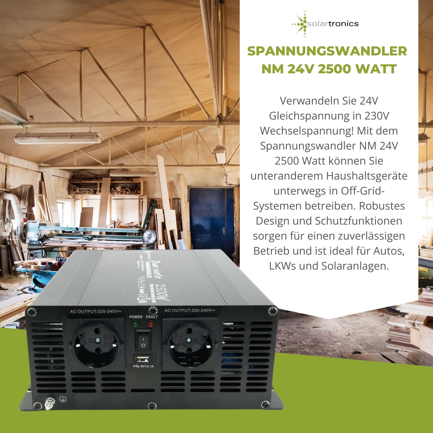 SOLARTRONICS NM2500 Spannungswandler 24V 230V modifizierter Sinus 2500W - 5000W Spitzenleistung - Wechselrichter 24V auf 230V Stromwandler mit Schuko-& USB Anschluss Solar Inverter Umwandler