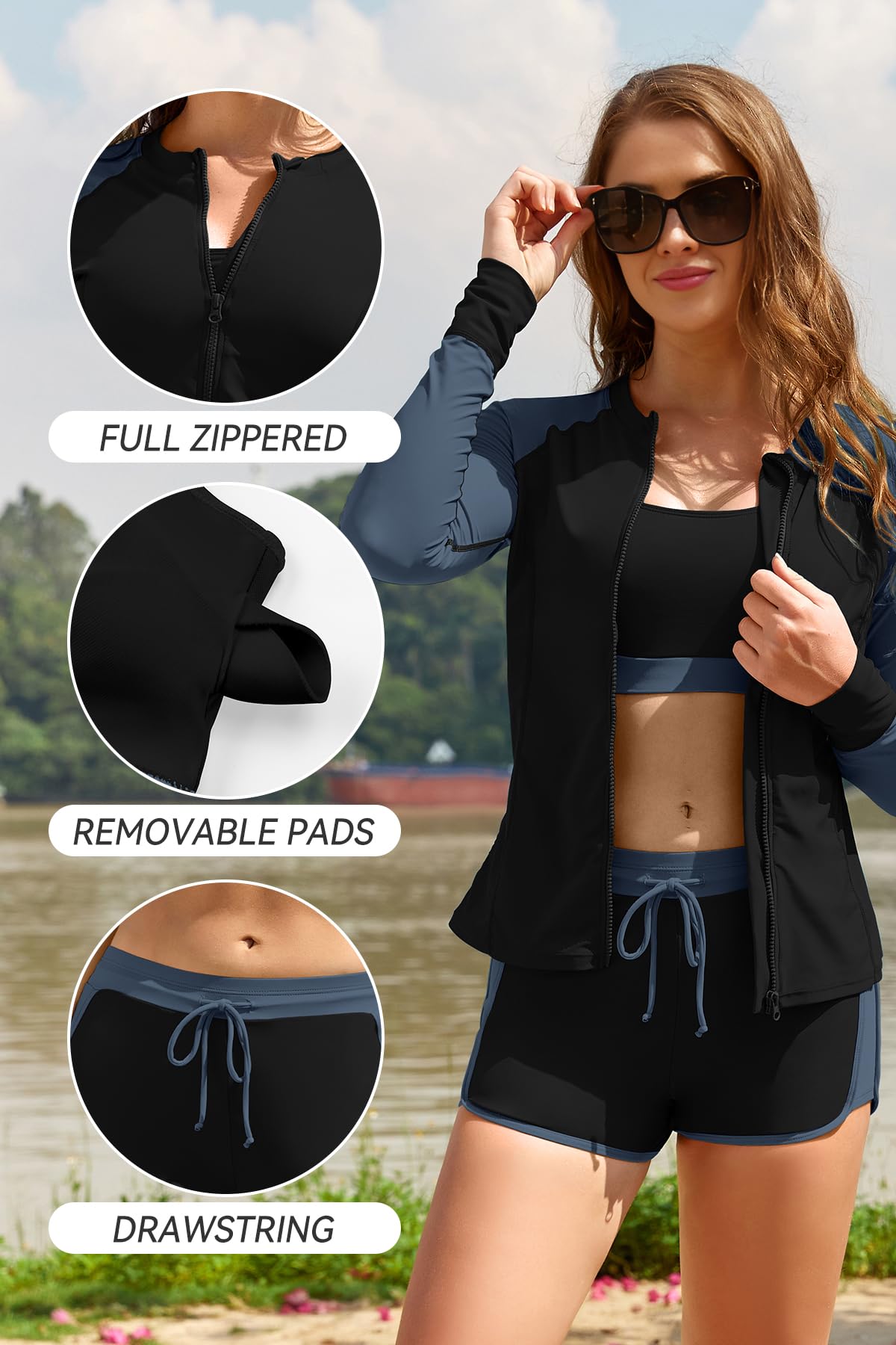 SHEKINI Trajes de baño de 3 piezas para mujer, con cremallera UPF 50+, modesto, trajes de baño para mujer, trajes de baño de color en contraste, pantalones cortos