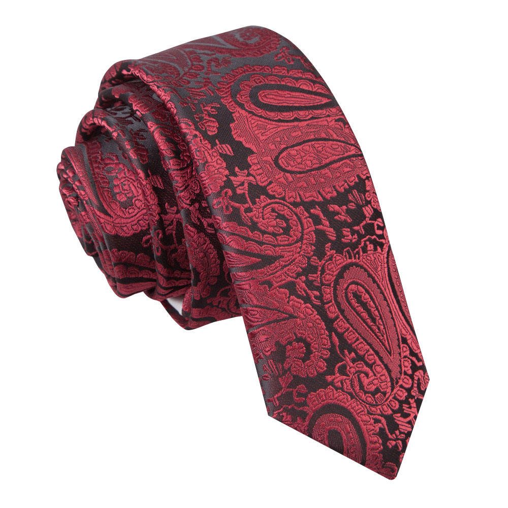 DQT Mens Paisley Floral Jacquard Tie - 5cm Skinny Width Necktie - Wedding, Business & Formal - Burgundy