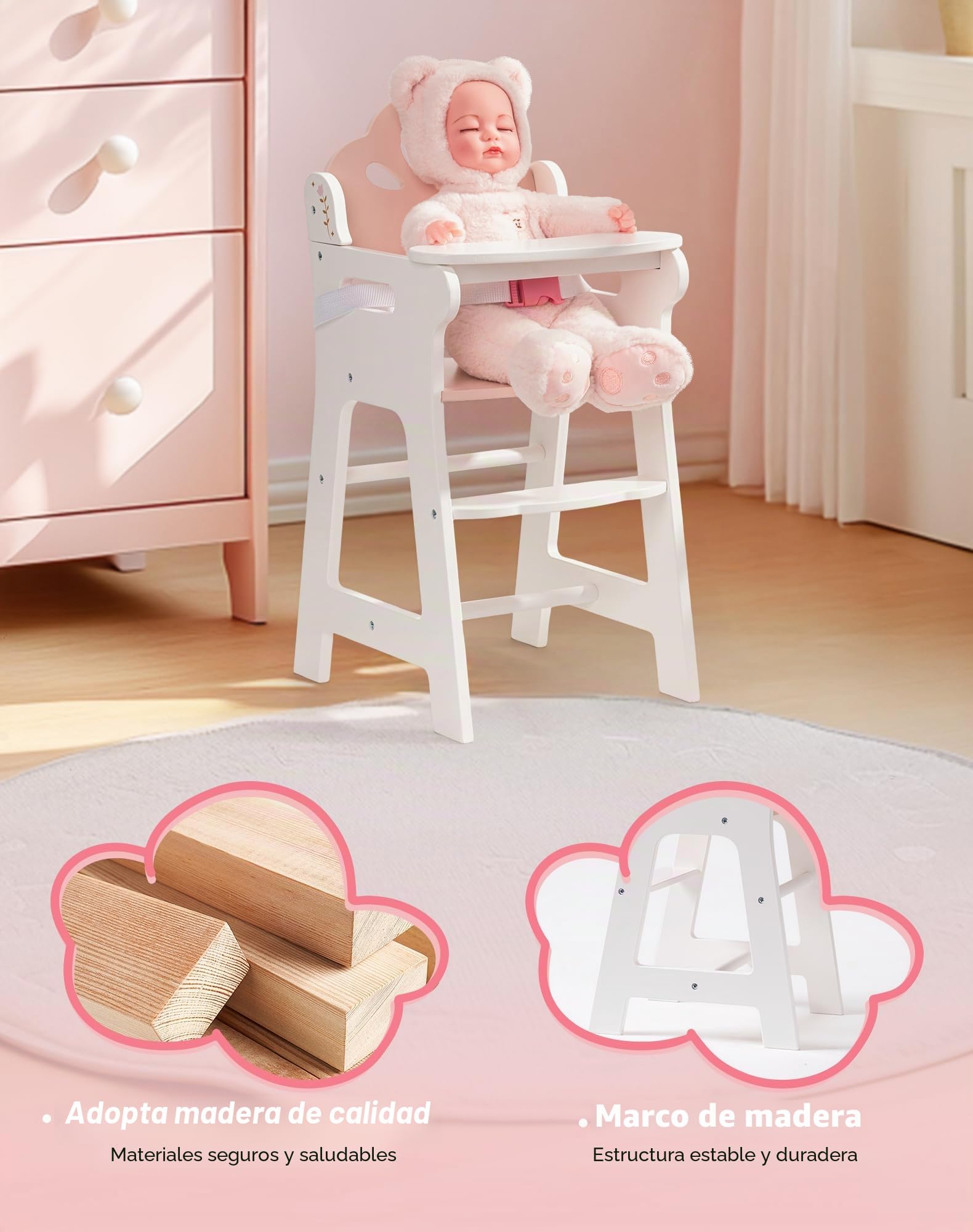 ROBUD Silla Alta para Muñecas, Silla Alta de Madera para Jugar con Cinturón de Seguridad Ajustable, Robusto Mueble para Muñecas con Tablero Movible, Apto para Muñecas de hasta 18 Pulgadas, Blanco