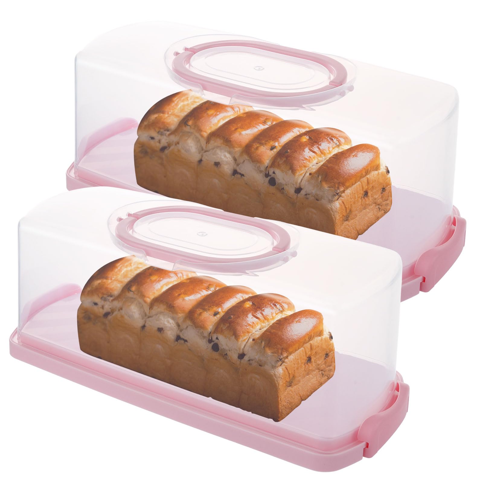 ASelected 2 Pcs Rectangular Cake Carrier with Handle, Airtight Cake Storage Container with Lid and Secure Locking Clips, 35 x 16 x 13CM Plastic Loaf Cake Container for Loafs, Cupcakes, Baguettes