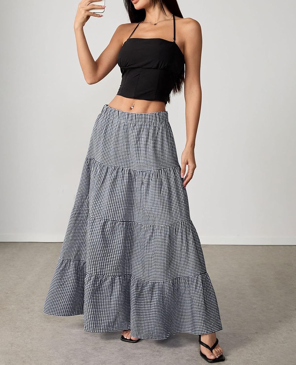 TITOMD Women's Maxi Skirt Summer Spring Clothes Boho A Line Ruffle Plaid Gingham Elastic Flowy Fashion 2026 Long Skirts - Image 2