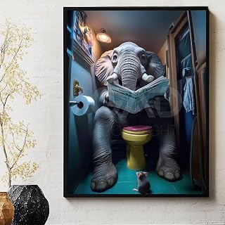 Elephant on Toilets Poster Print, reading a newspaper (Frame Not Supplied) - Animal Wall Decor, Funny and unusual wall decoration, Humorous poster - Artist GAD | 7 available sizes (40x50 cm /16x20")