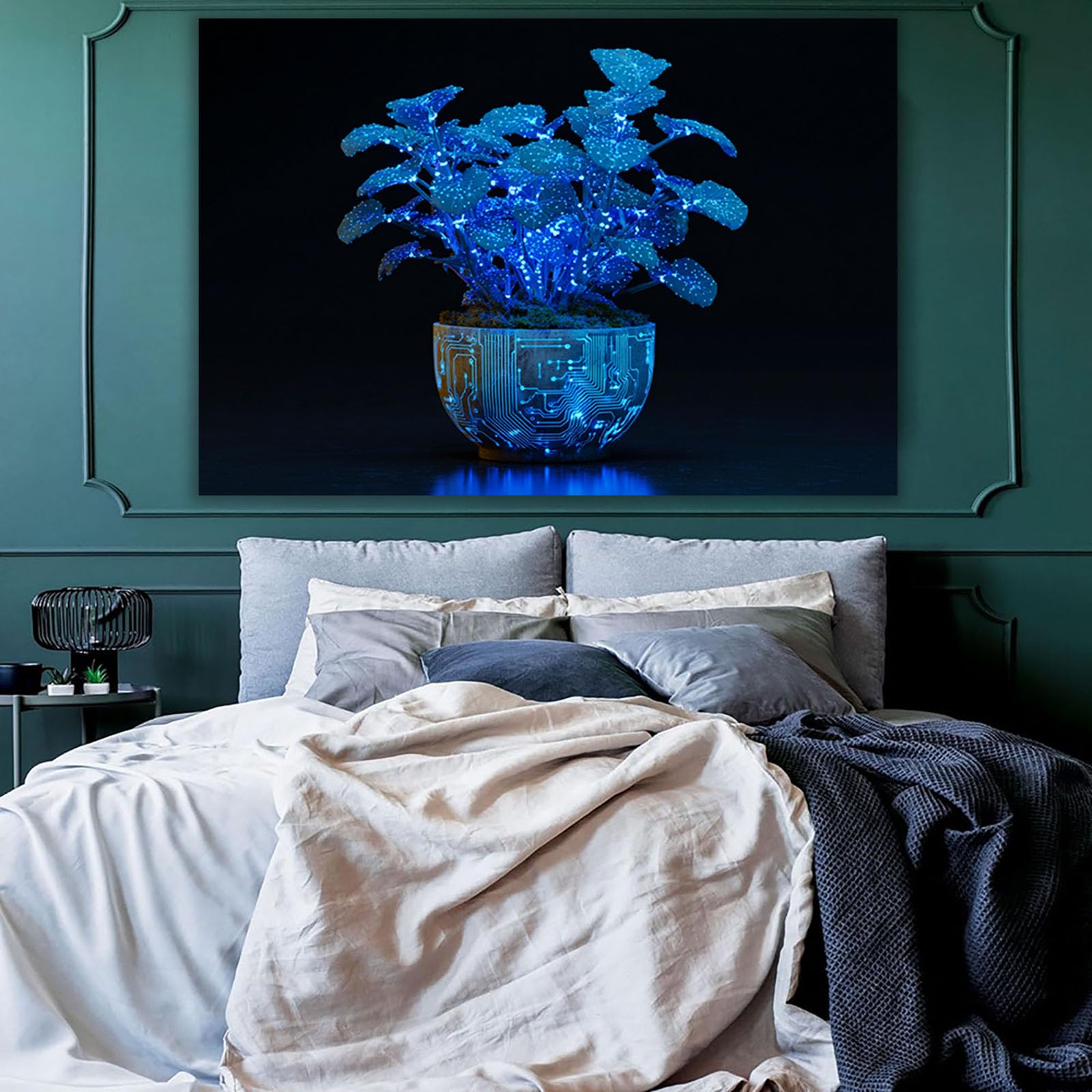 WUFIEA pósteres abstractos de hoja botánica impresa Plantas fluorescentes en macetas Arte Decorativo de la Oficina Sala de Estar（Azul-70x100cm Enmarcado
