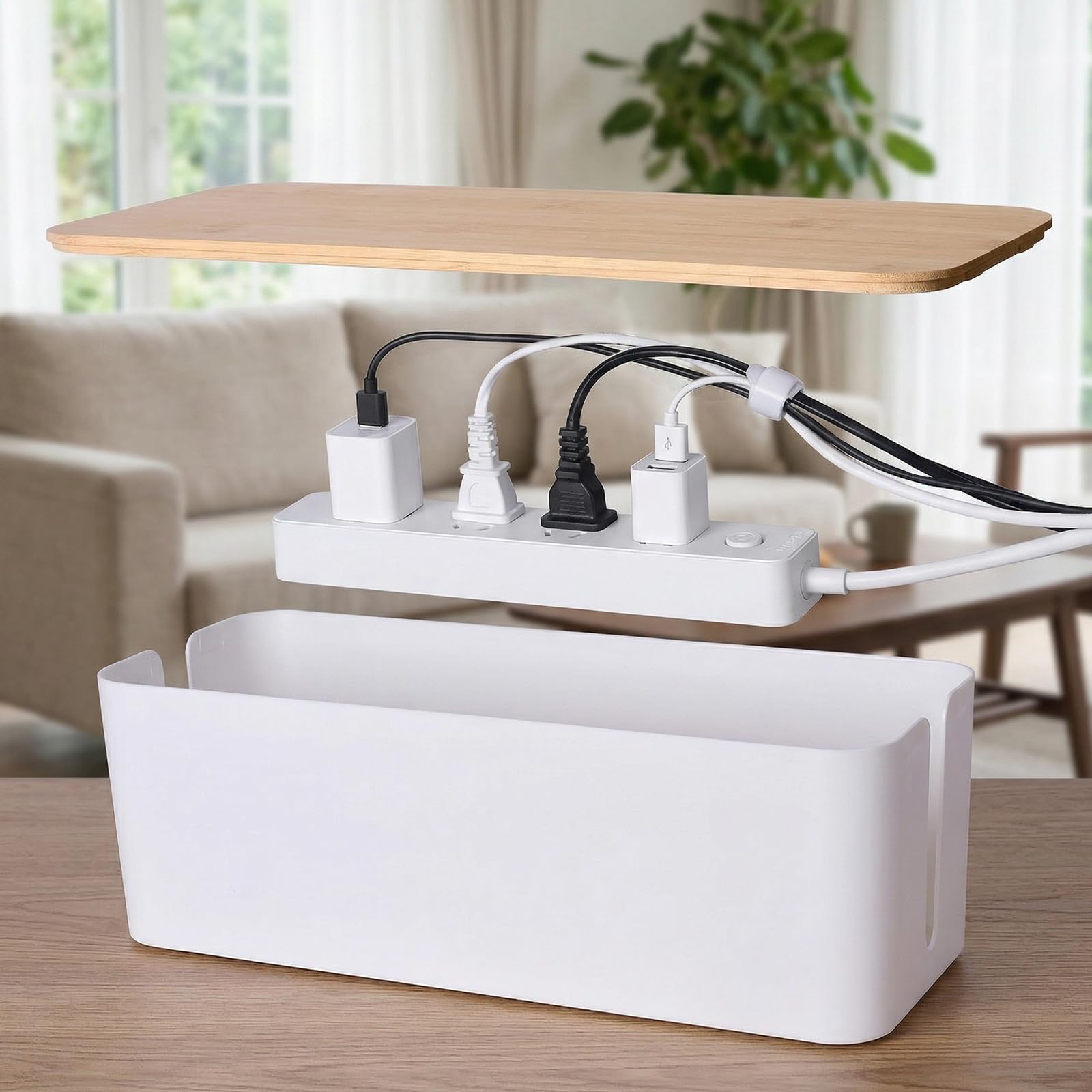 Paquete de 2 cajas de gestión de cables, caja organizadora de cables con tapa de madera para cables de TV, regletas de alimentación, router, concentrador USB y alimentación debajo del escritorio