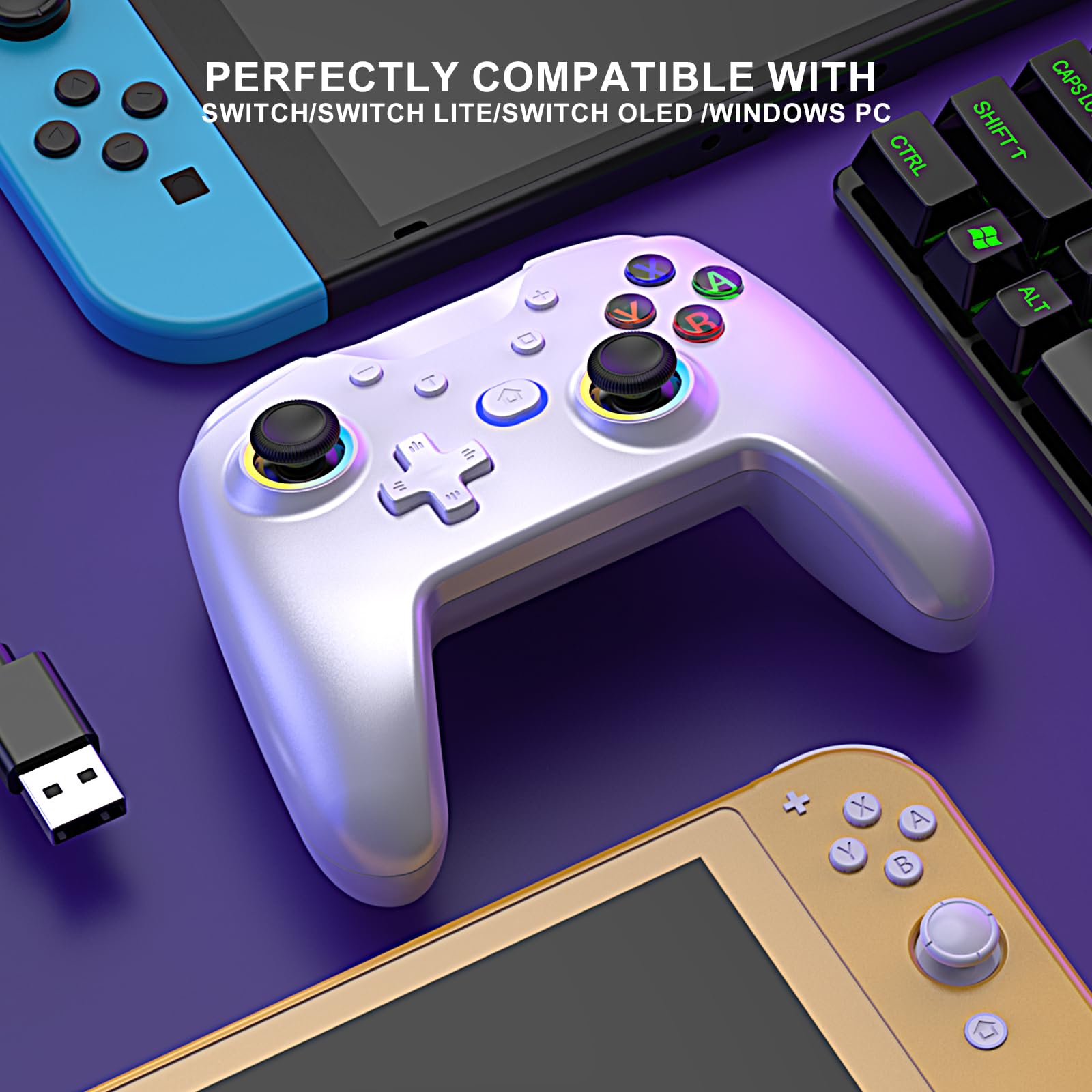 Diswoe Manette pour Switch/Switch Lite/OLED/PC, Pro Controller pour Switch, Manette pour Switch sans fil avec 7 couleurs LED RVB Fonction réveil Turbo, Gyro Axis, réglable, vibration, capture d'écran