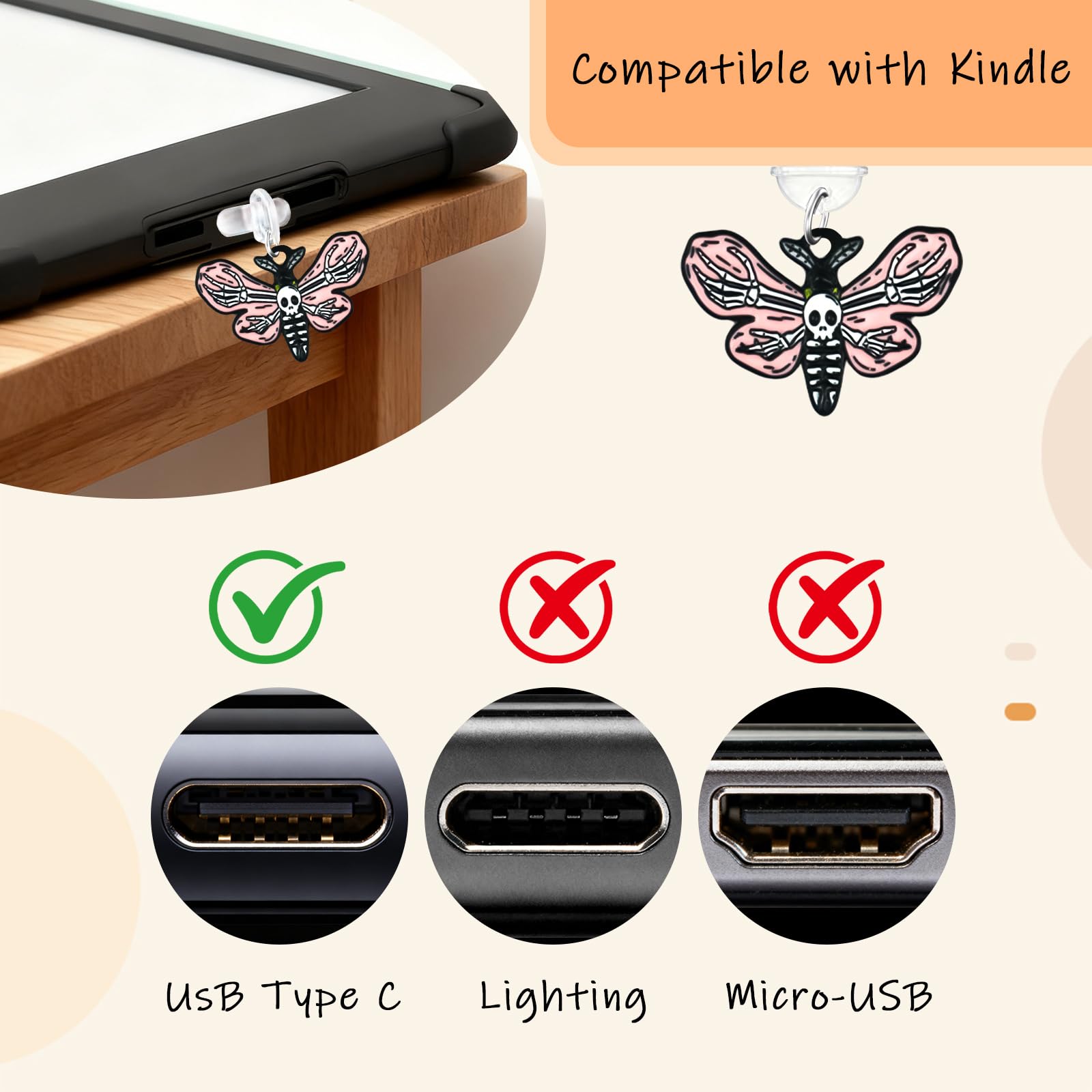 Bonito juego de tarjetas de inserción para Kindle, 6 diseños temáticos de libro con dijes para Kindle y tapones antipolvo USB-C, para 11ª/12ª generación, 6.8 x 4.8 pulgadas (negro 2)