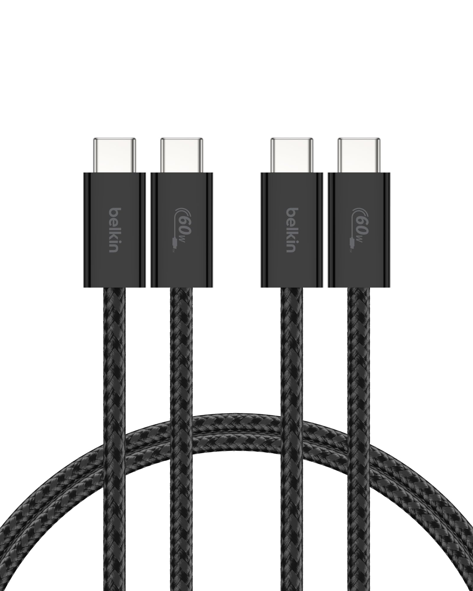Belkin Confezione da 2 cavi intrecciati da USB-C a USB-C da 1,5 m, 60 W, cavo flessibile per ricarica rapida, cavo Type-C per iPhone 16 e iPhone 15 series, Galaxy S25, Pixel 9, iPad Pro e altri, nero