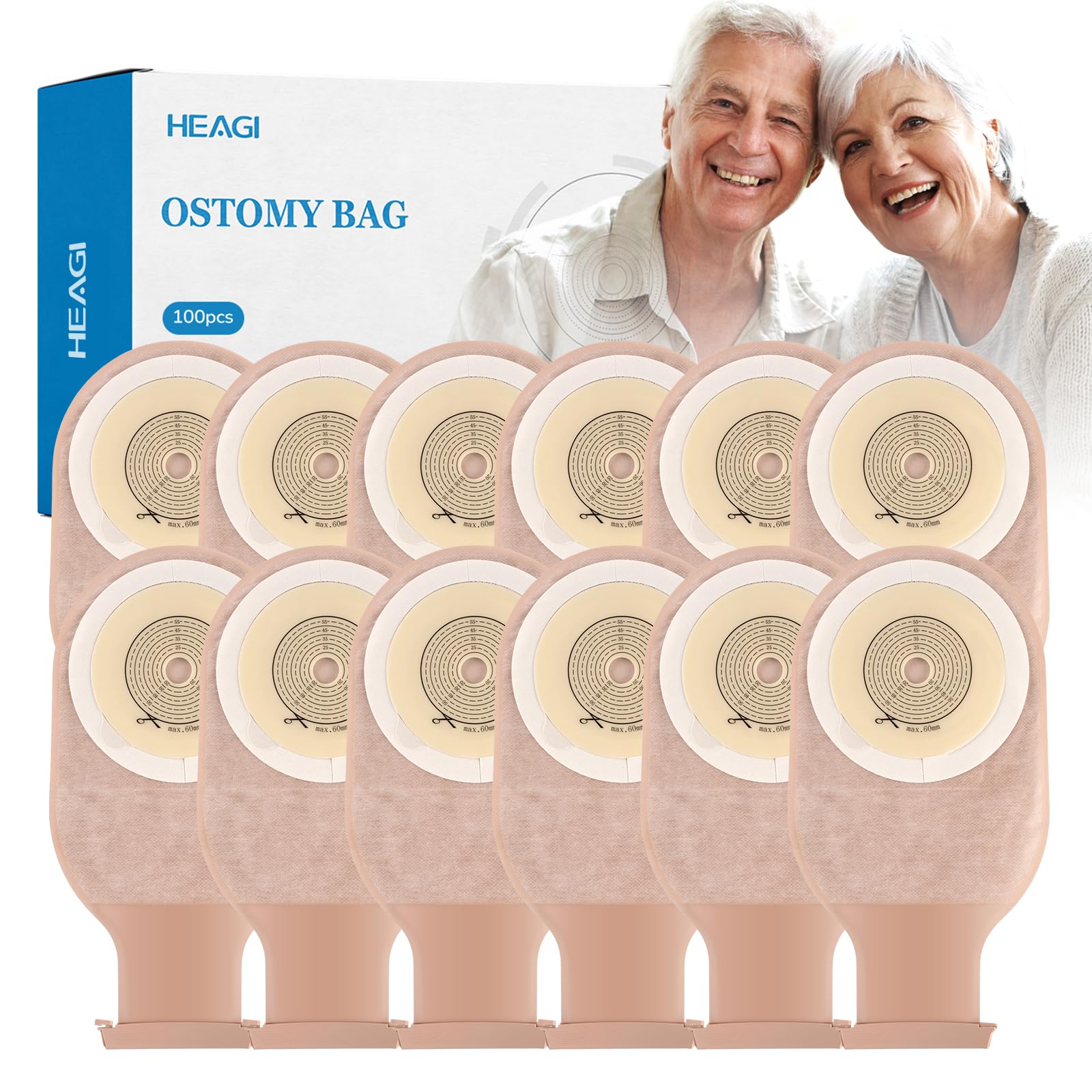 100 PCS Colostomy Bags, One Piece Ostomy Drainable Pouches with Closure for Ileostomy Stoma Care, 15mm-60mm Cut-to-Fit Ostomy Supplies