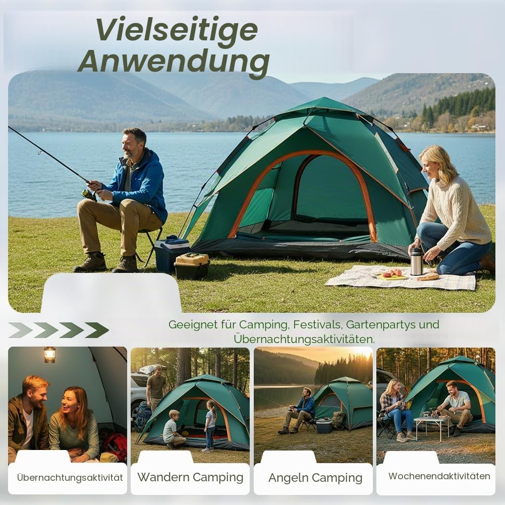 Zelt 2-4 Personen Campingzelt Pop Up - 40s Automatik Schnellaufbau 2/3 Mann Zelte Wasserdicht 3500mm & Winddicht, Doppelwand Kuppelzelt mit Regenschutz, Wurfzelt Zelt für Camping, Trekking & Wandern