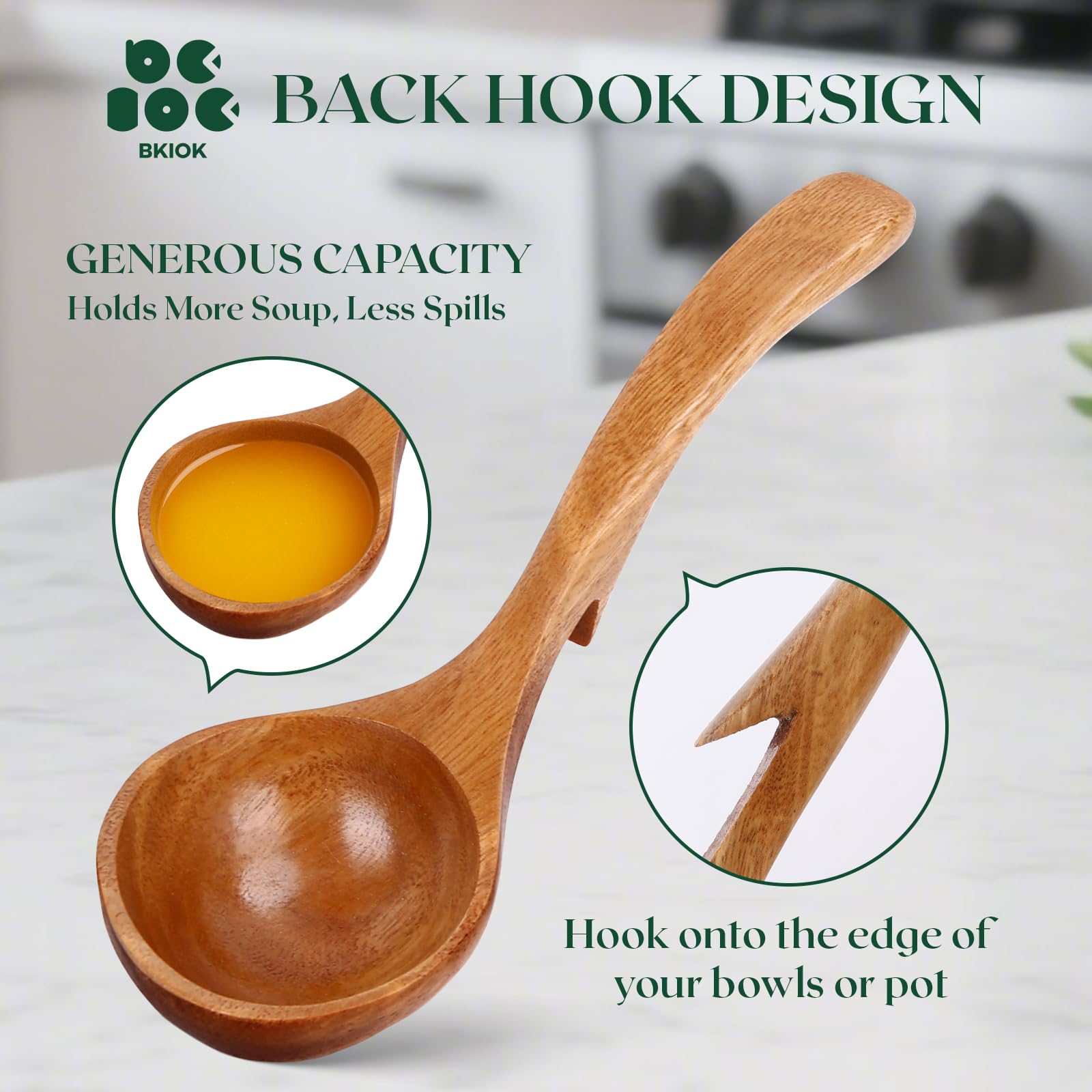 Bkiok Wooden Soup Ladle,Wooden Ladle for Cooking, Small Size Teak Wood Serving Spoon with Back Hooks Kitchen Utensils for Cooking Stirring Serving (7.6x2.4Inches)