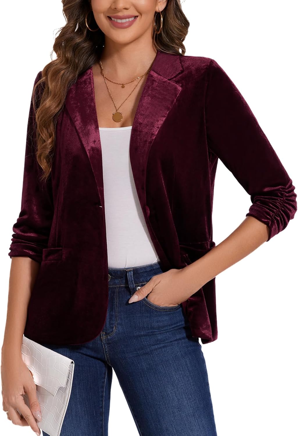 MINTLIMIT Women's Velvet Blazer Ruched 3/4 Sleeve Jacket Notch Lapel Button Open Front Casual Blazers with Pockets