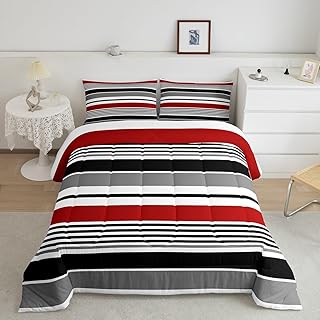 Red Black Lines Comforter for Boys Kids Girls Lines Art Comforter Set Full Size Home Decor Soft Simplicity Bedding Set Modern Stripes All Season Teens Bedroom Down Duvet,1 Comforter with 2 Pillowcase