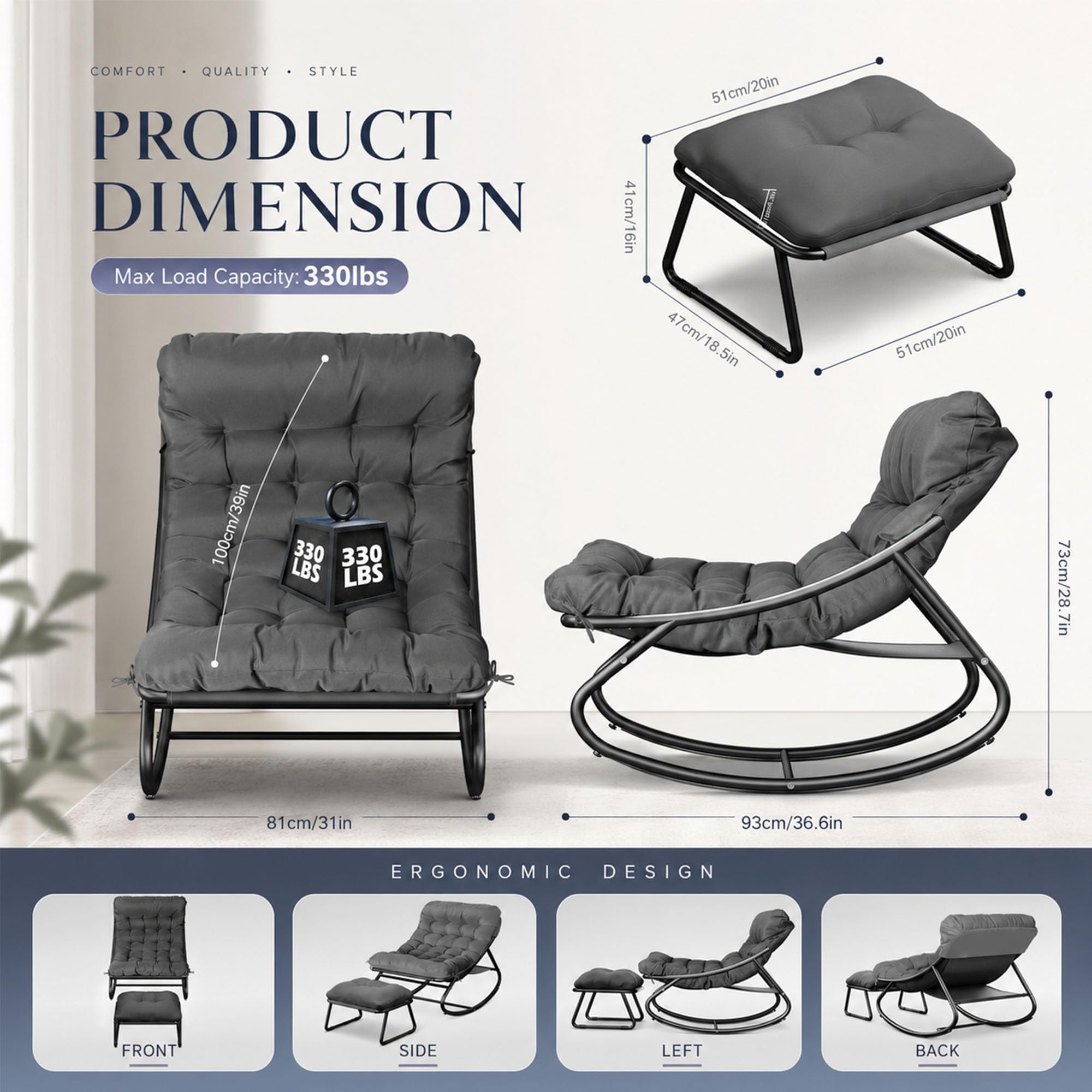 Fauteuil a Bascule avec Repose-Pieds, Chaise a Bascule avec Coussin Rembourré, Charge 150 kg, Cadre en Métal, Rocking Chair en Forme d'Oeuf, pour l'intérieur et l'extérieur Salon, Balcon -Gris