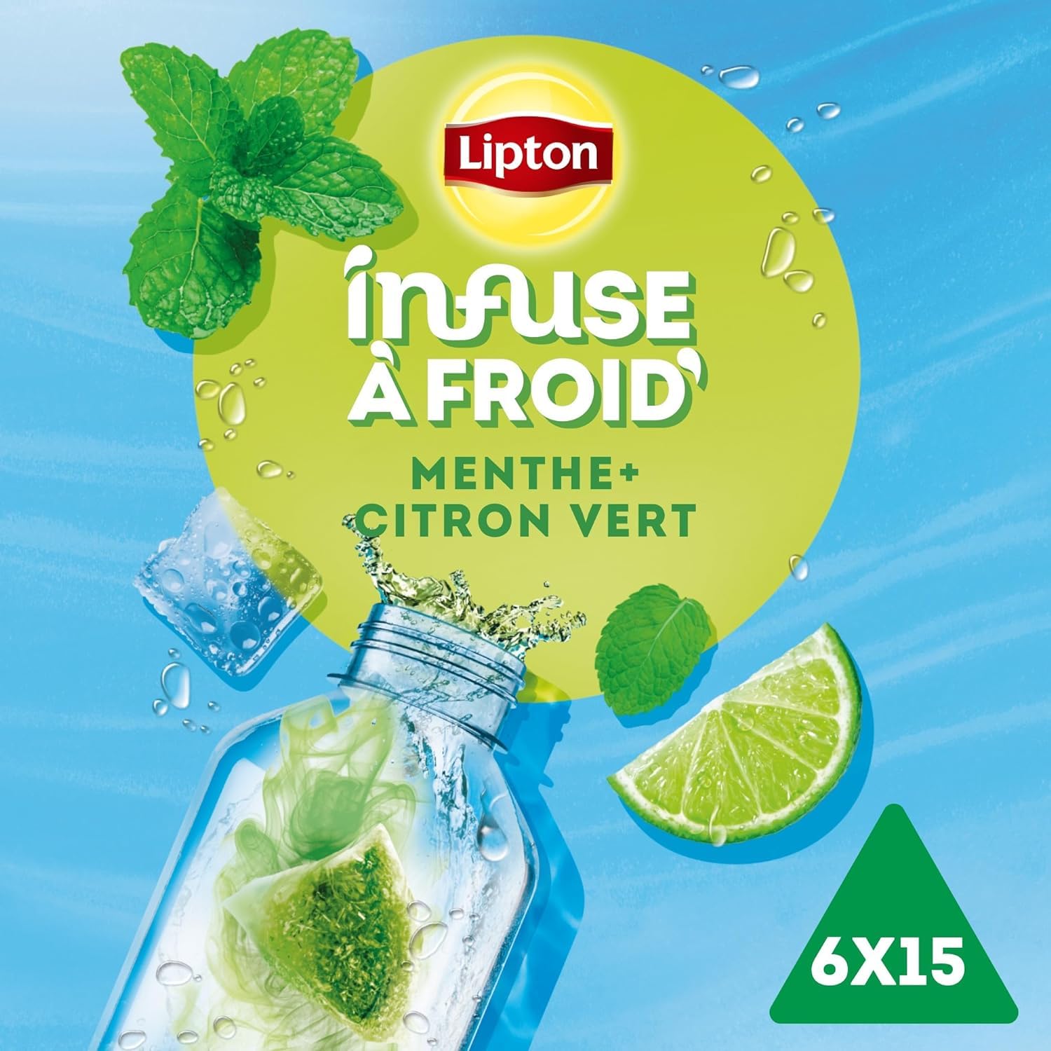 Lipton, Infuse à Froid, Infusion à Froid, Goût Citron & Menthe, Idéale pour le Thé Glacé, Ingrédients d'Origine 100% Naturelle, 6x15 Sachets Pyramid