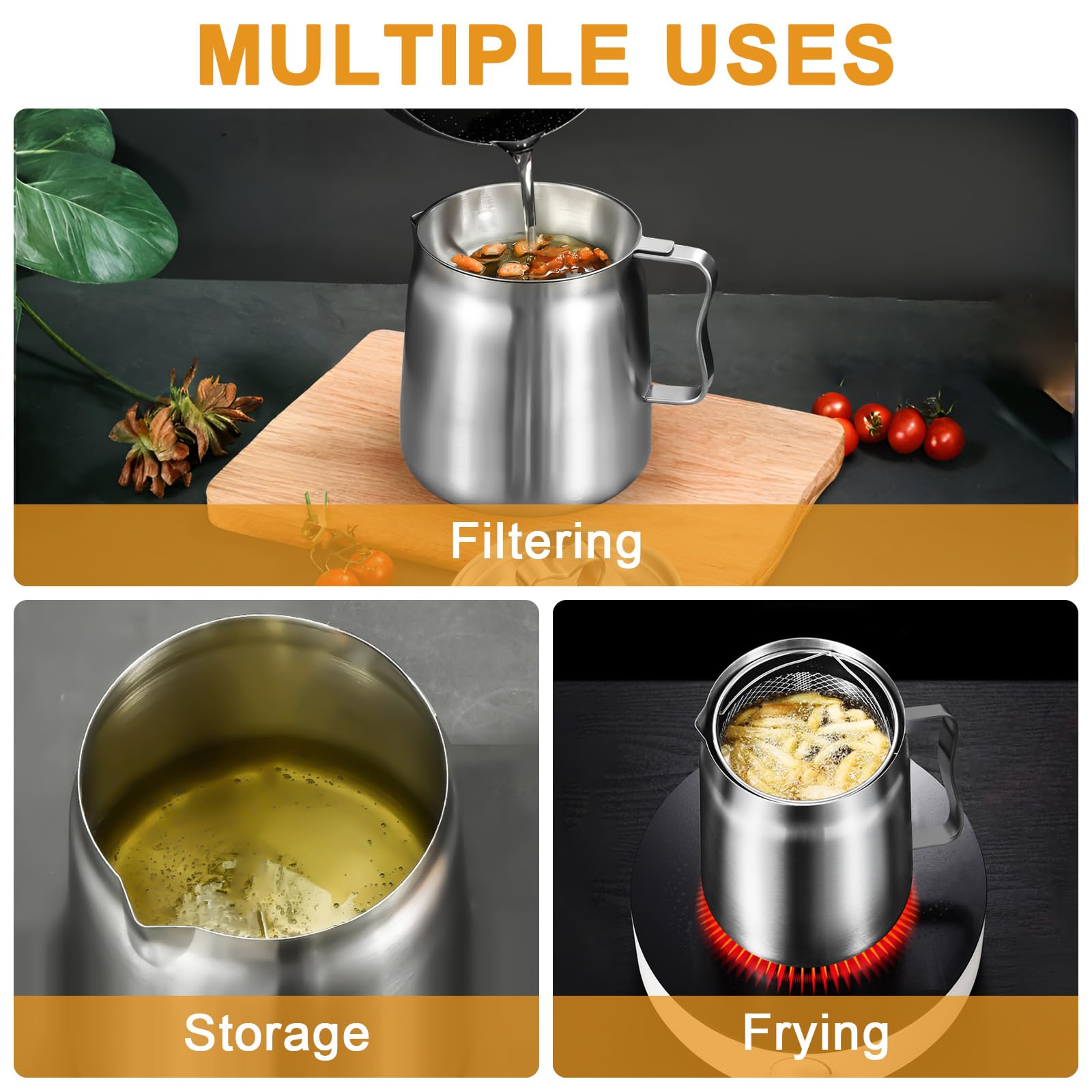 ANRUI Barattolo Contenitore Colino Olio da 2L, Contenitore per Grasso in Acciaio Inox con Colino a Maglia Fine e Cestino per Friggere, Adatto per Conservare Olio da Frittura e Grasso da Cucina
