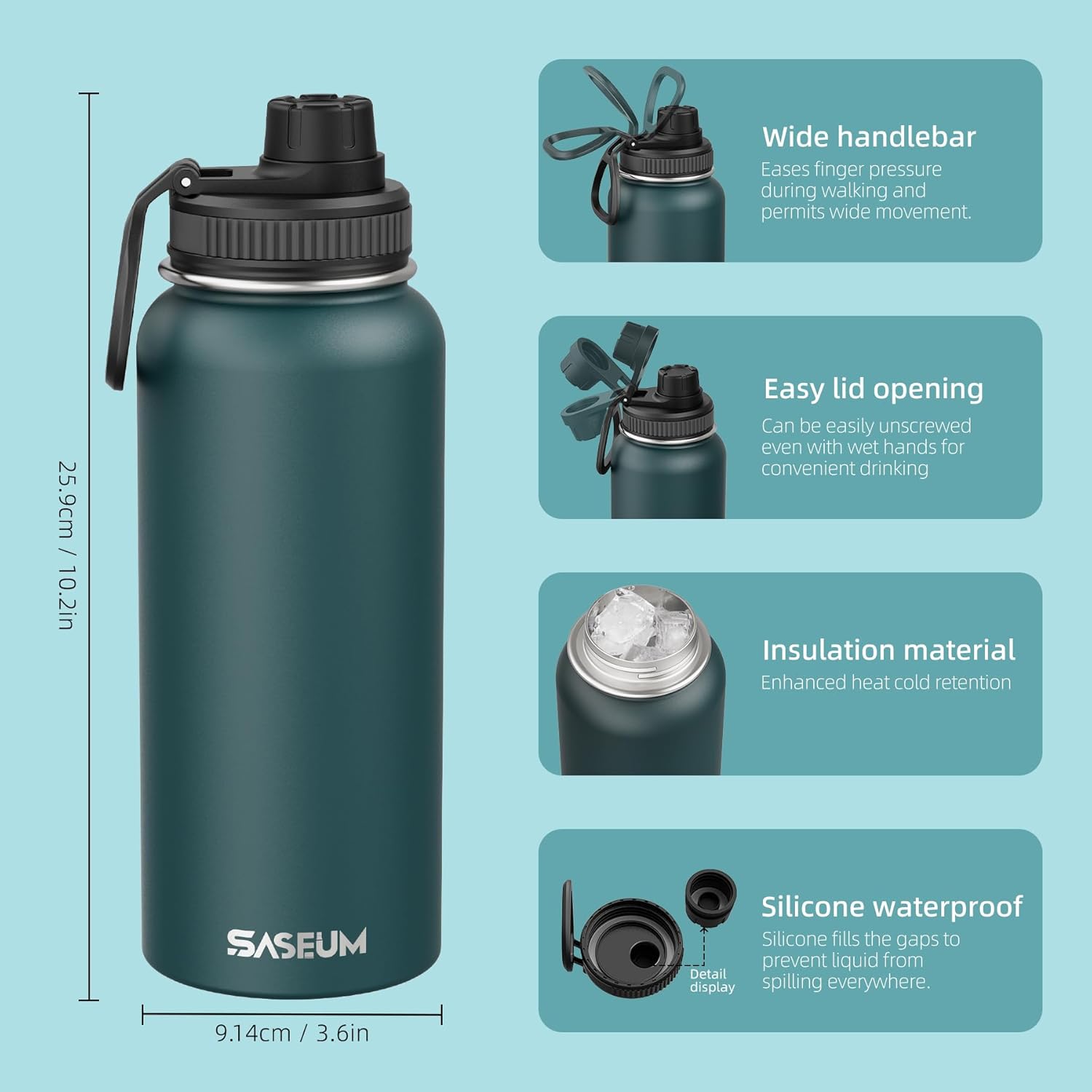 SASEUM Insulated Stainless Steel Water Bottles 32oz with Spout Lids Metal Vacuum Thermal Large Water Jug Leak-proof Reusable Flask for Sports Gym and Travel,Blue - Image 2