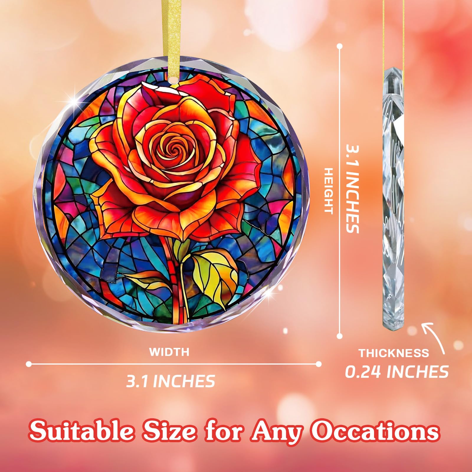 FLYAB Red Rose Valentines Day Gifts for Girlfriend Her Wife Women - Flower Valentine Ornaments for Tree Deorations, Glass Red Rose Window Suncatcher, Anniversary Wedding Gifts