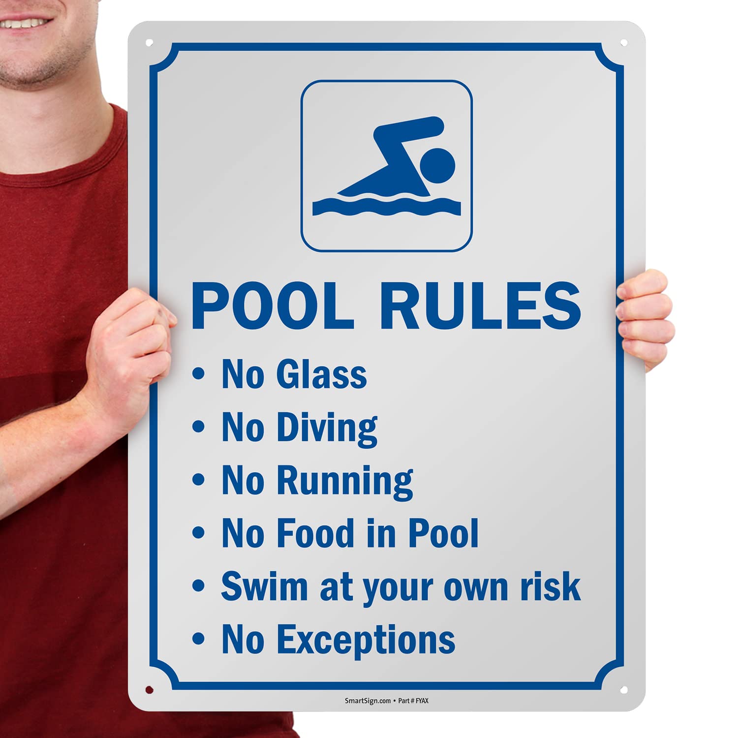 SmartSign 24 x 18 inch “Pool Rules - No Glass, No Diving, No Running…” Metal Sign, Screen Printed, 80 mil Laminated Rustproof Aluminum, Blue and White