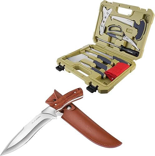Flissa Kit de aderezo de campo de caza y cuchillo de caza con funda de cuero