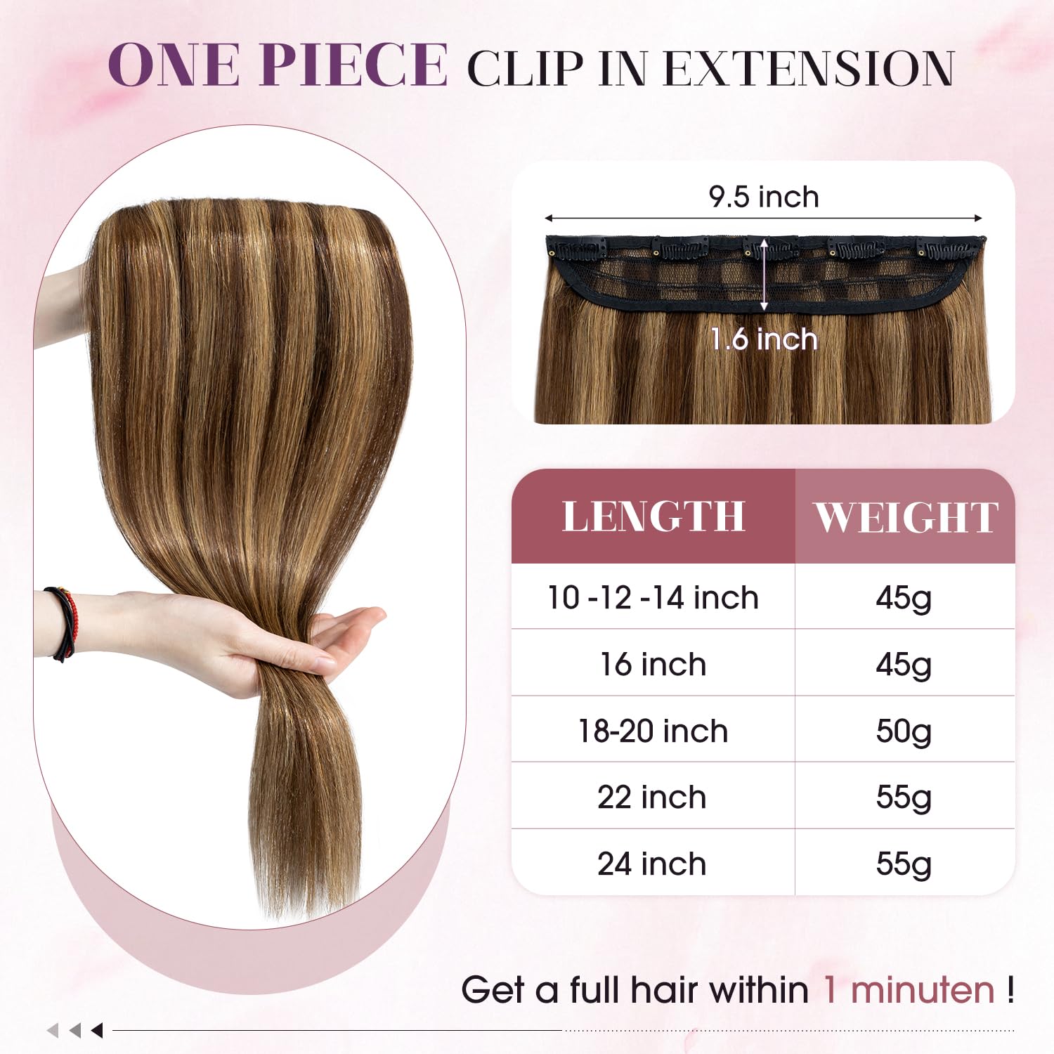 S-noilite Clip in Human Hair Extensions One Piece Balayage 5 Clips 3/4 Full Head Clip on Remy Hair Extension For Women Lighter Add Hair Volume 22Inch 55g Medium Brown Mix Dark Blonde