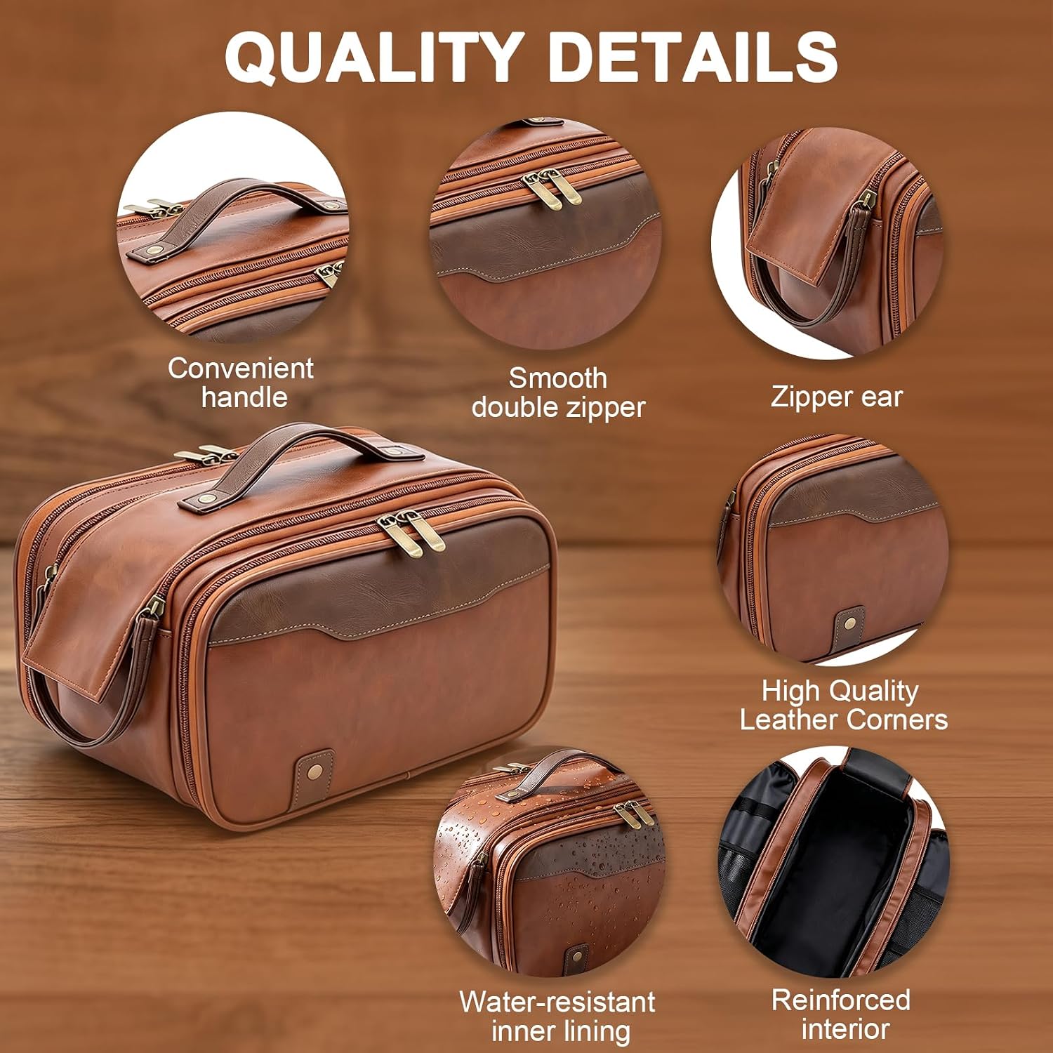 Large Capacity Shaving Toiletry Bag,Waterproof Leather Dopp Kit, Men(Brown image 5