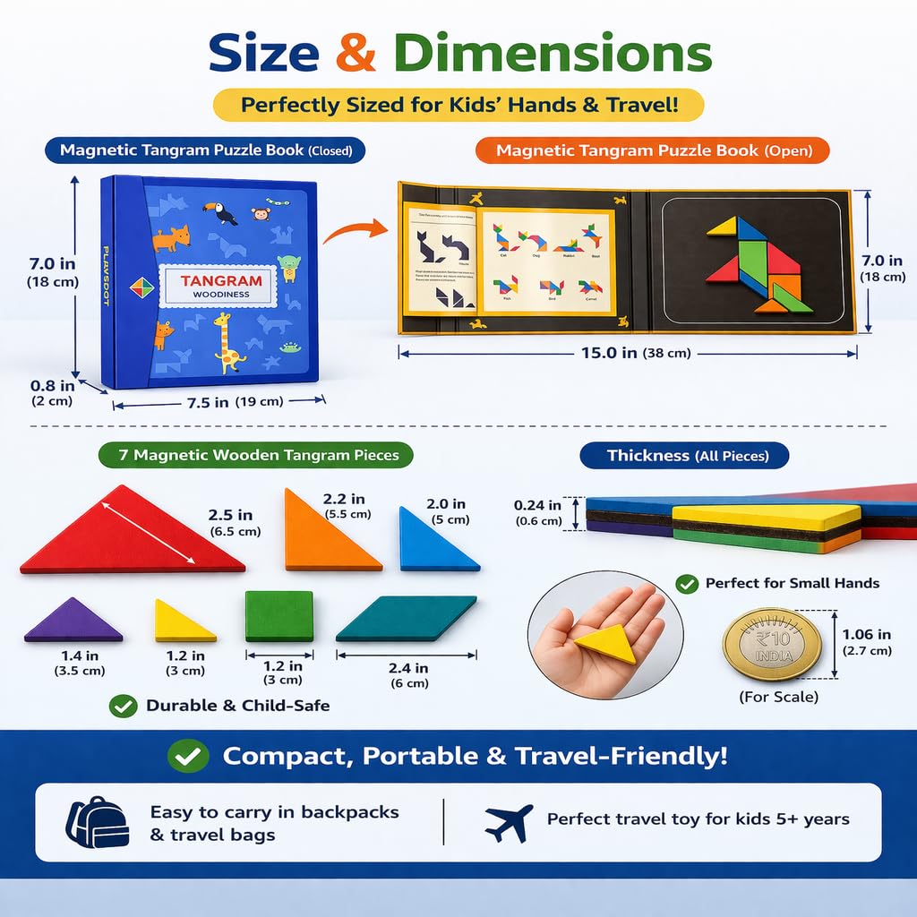 PLUSPOINT Wooden Tangram Travel Game Pack of 10 Magnetic Puzzle Book Game Tangrams Jigsaw Shapes with Solution Traveler Challenge IQ Educational Toy for 3-99 Years 4