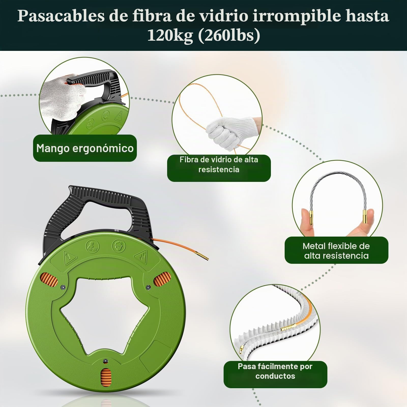 50m Guia Pasacables Profesional, 4.5mm de diámetro Sonda Elettricista Guia Electricista con 5 Adaptadores, Pasacables Electrico para Tirar de Cable Guía
