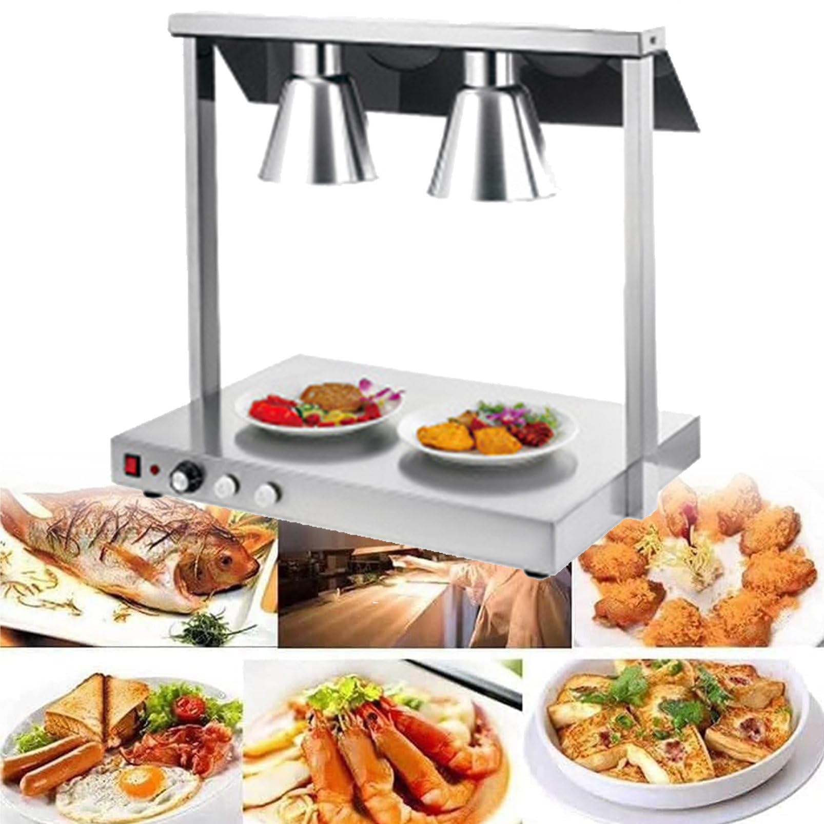Lampada riscaldante per alimenti a 1/2/3/4 teste, lampada riscaldante per pizza a buffet, piano in acciaio inossidabile commerciale, per mantenere il cibo caldo, per mense di ristoranti di hotel, ar