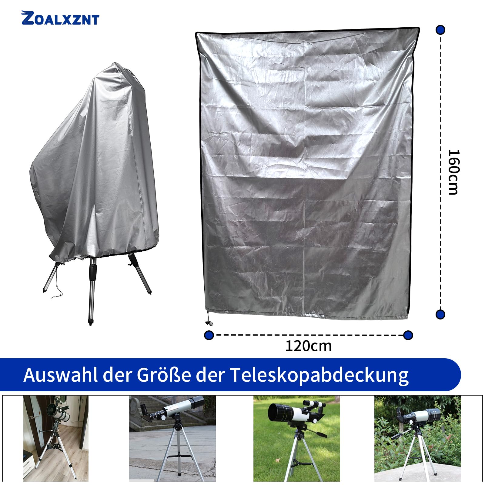 ZOALXZNT Waterproof Telescope Cover, Telescope Protective Cover with Adjustable Rope, Dustproof, Anti-UV, 420D Oxford, Silver - Image 3