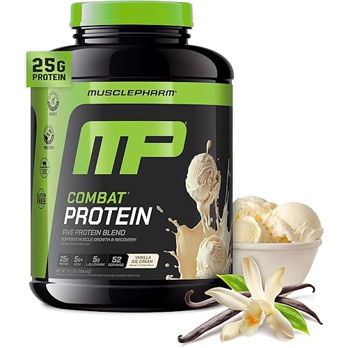 MusclePharm Combat Protein Powder, Vanilla Flavor, Fuels Muscles for Productive Workouts, 5 Protein Sources including Whey Protein Isolate & Egg Albumin, Gluten Free, 4 lb, 52 Servings
