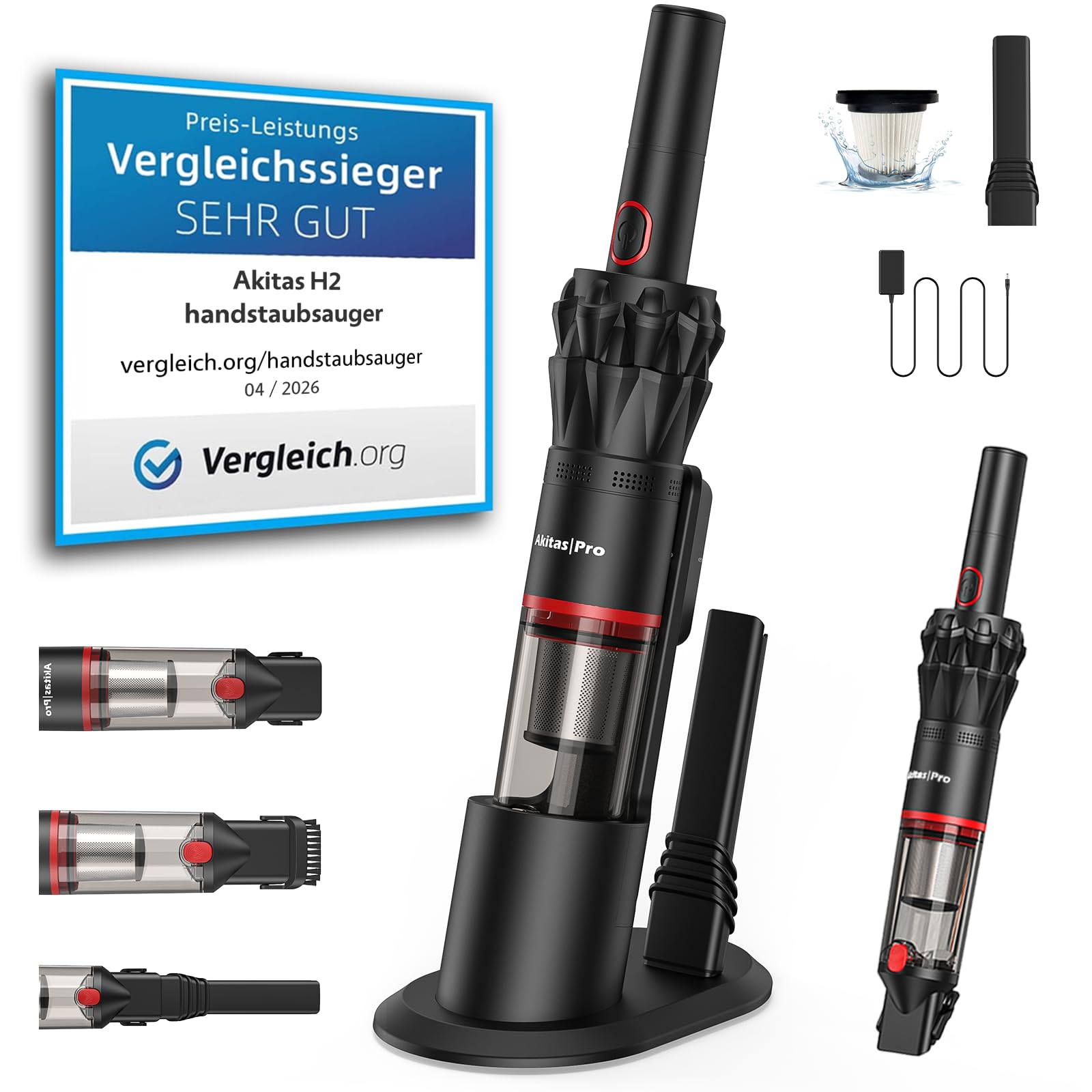 Akitas Pro H2 Handstaubsauger, Handstaubsauger Akku - 0,5 kg Ultra-Leichter Staubsauger: Bis zu 26 Min. Laufzeit, HEPA- & Stahlfilter, 2-in-1 für Auto, Sofa & Zuhause