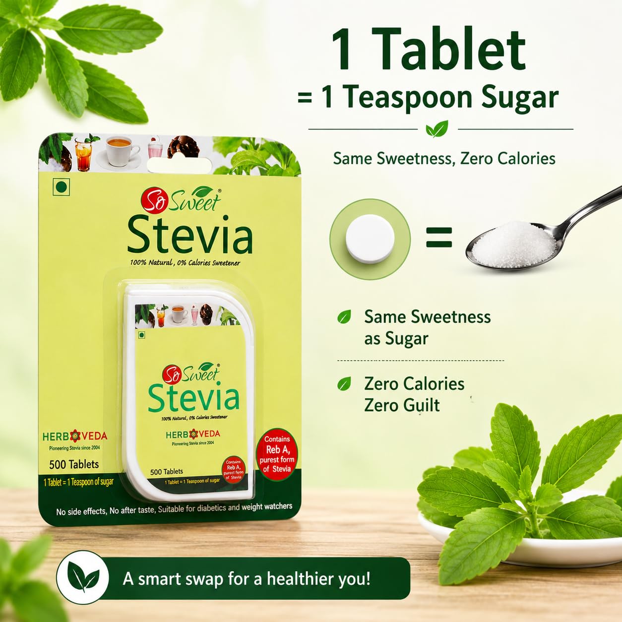So Sweet Stevia 500 Tablet Dispenser 100% Natural Sweetener - Sugarfree 1