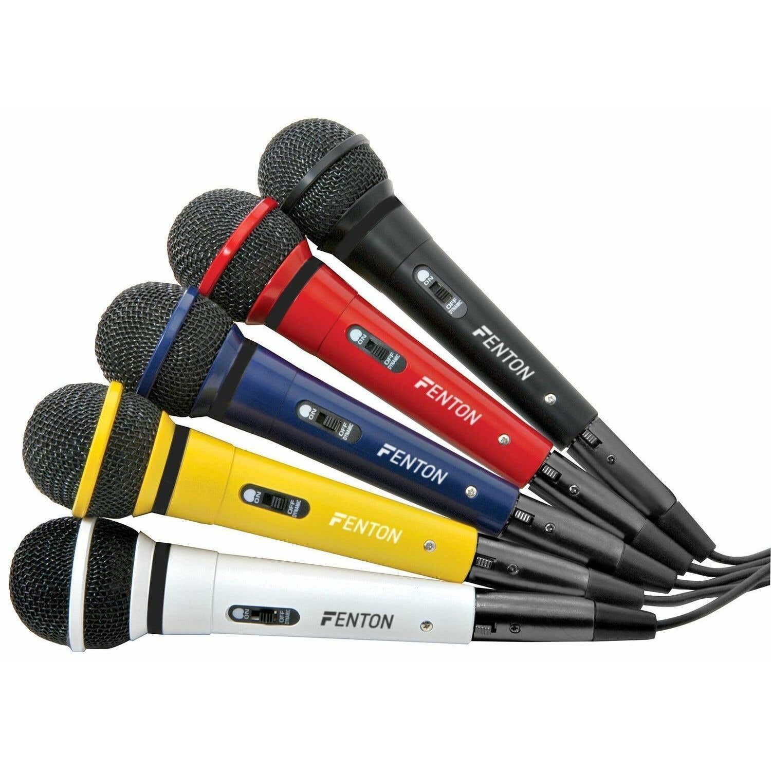 Fenton DM120 Set de 5 Microphones Dynamiques - Microphones Filaires, 5 Cordons de 3 Mètres, Jack 6,35mm Male, Interrupteur Marche/Arrêt, Fréquence du Microphone: 100-10000 Hz