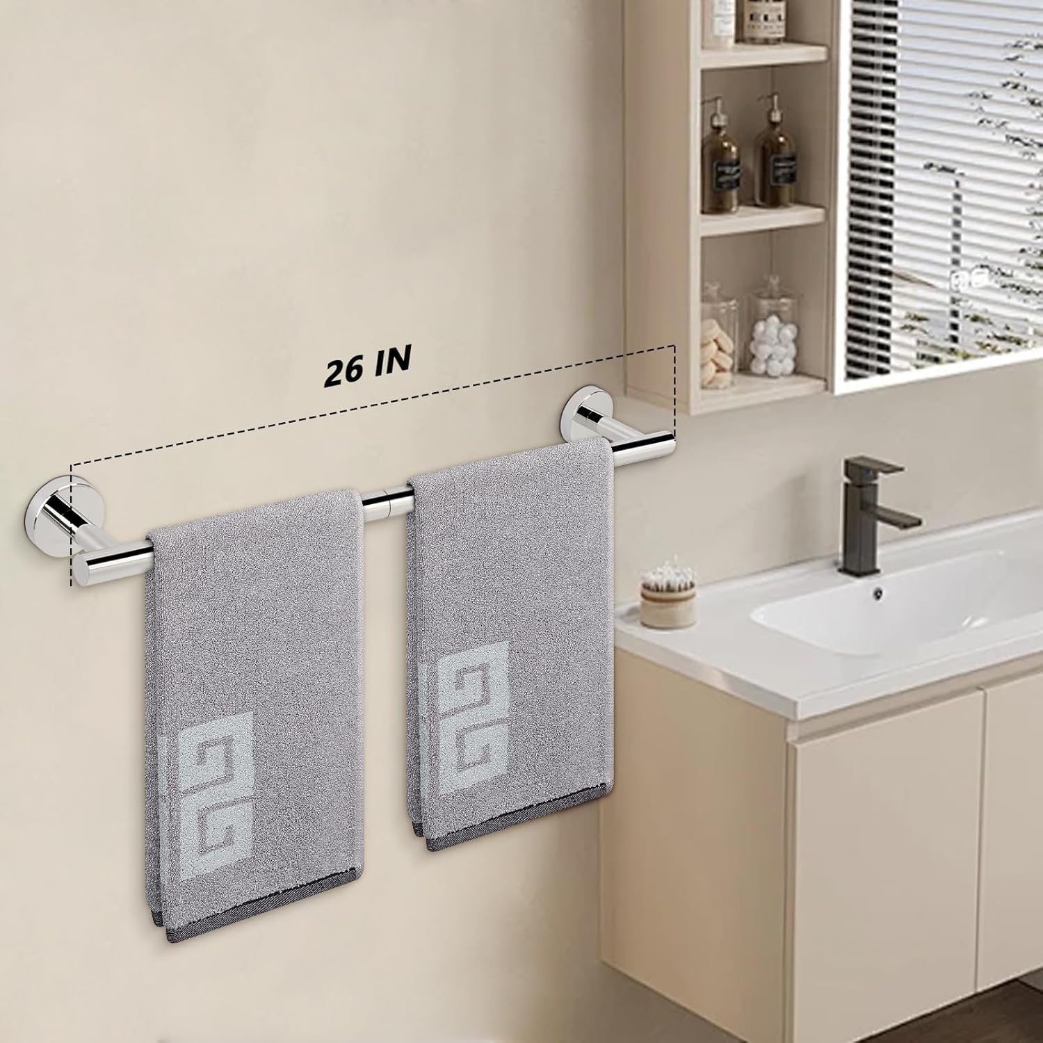 NearMoon Bath Towel Bar, Thicken Stainless Steel Shower Towel Rack Holder Wall Mounted for Bathroom, 26-lnch Overall Length-24-lnch Usable Hanging Space (1 Pack, Chrome Finish)