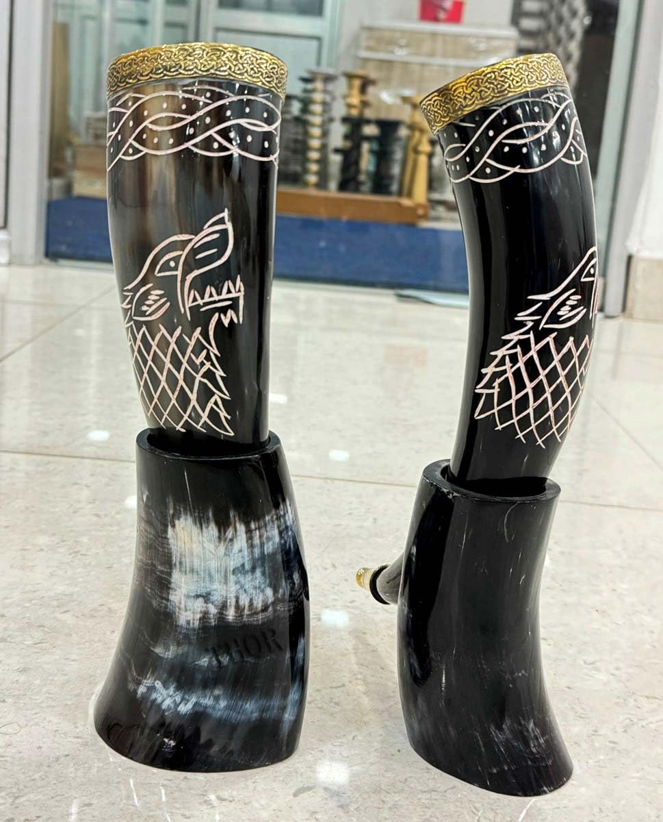 Wolf Engraving Ox-Horn Viking Drinking Horn Mug With Stand & Brass Rim Halloween Party Gift Set of 2 Beer Wine Mead Christmas Birthday Wedding Gift for men mug viking horn