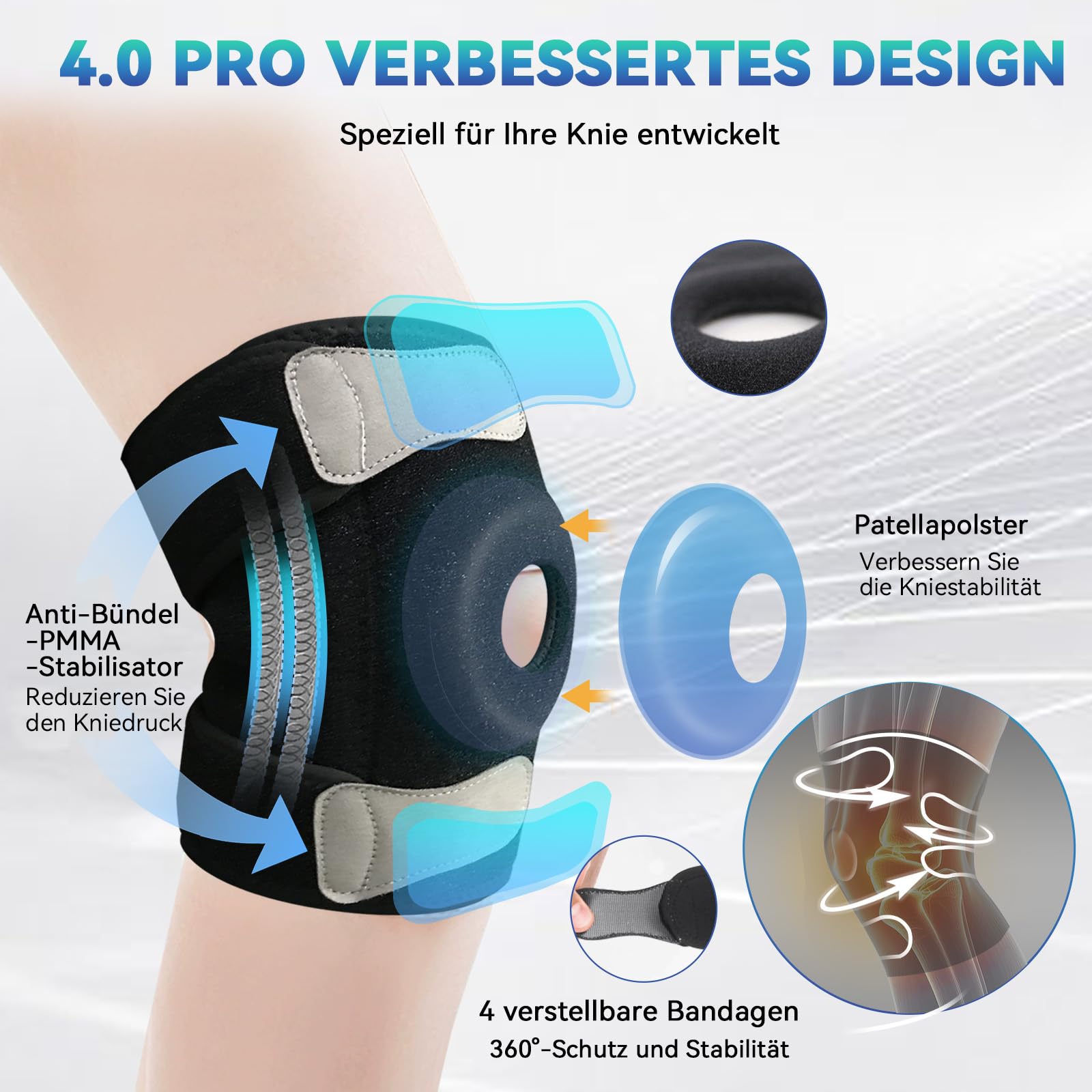 Kniebandage Männer Damen- Verstellbare Kniebandage Meniskus, Arthrose, Arthritis, ACL- Bandage Knie mit Stabilisatoren &Patella Pads, Atmungsaktiv Kniestütze für Sport Knieschmerzen Knee Support