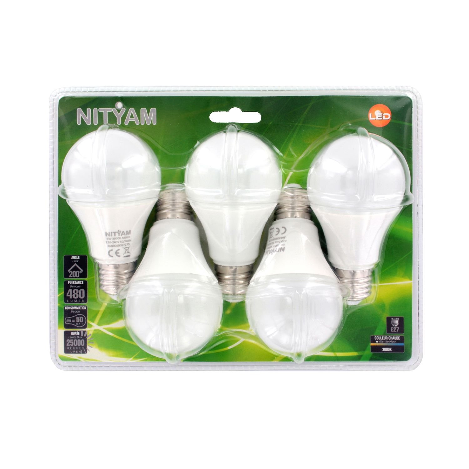 NITYAM LED Bulbs E27 Standard 6 W 480 Lumen 3000 K Warm Colour + Pack of 5, White, 10.9 x 6 x 6 cm
