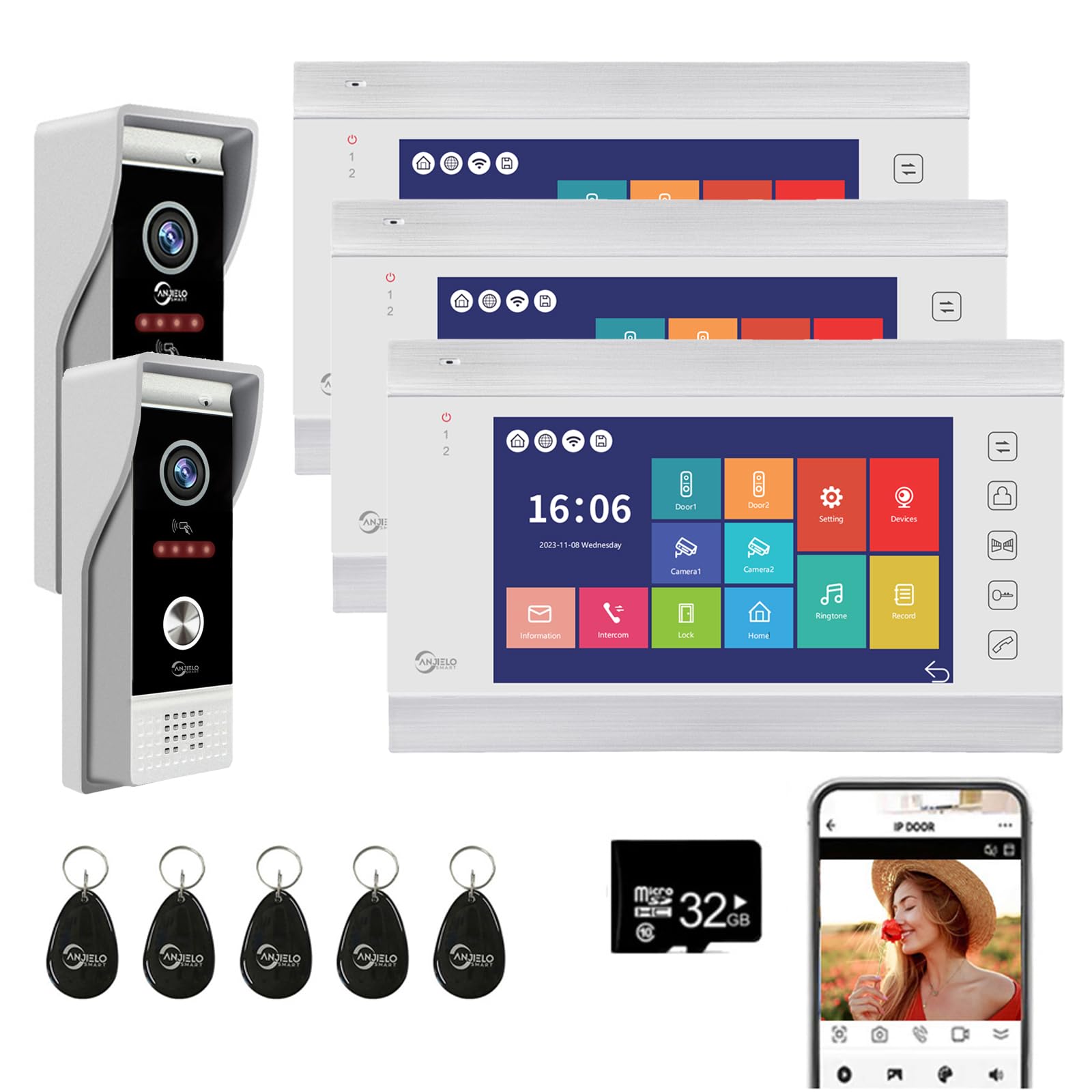 Videocitofono, videocamera WiFi con monitor da 7 pollici, campanello cablato con 1080P, supporta l'ingresso della scheda e il rilevamento del movimento, audio bidirezionale (2 Campanello+3 Monitor)