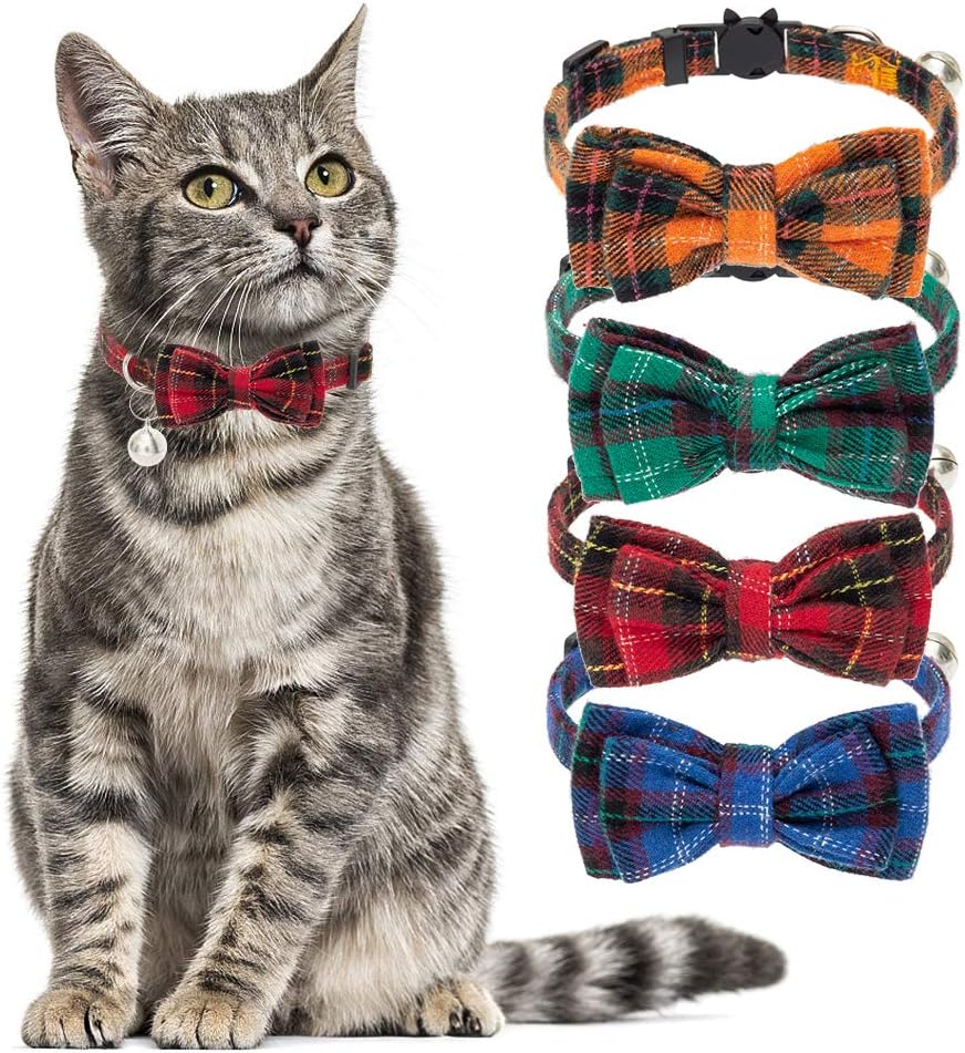 EXPAWLORER Cat Collar Breakaway with Bell - 4 Pack Classic Plaid Bow Tie Collars for Kitty Kitten, Red, Orange, Blue, Green