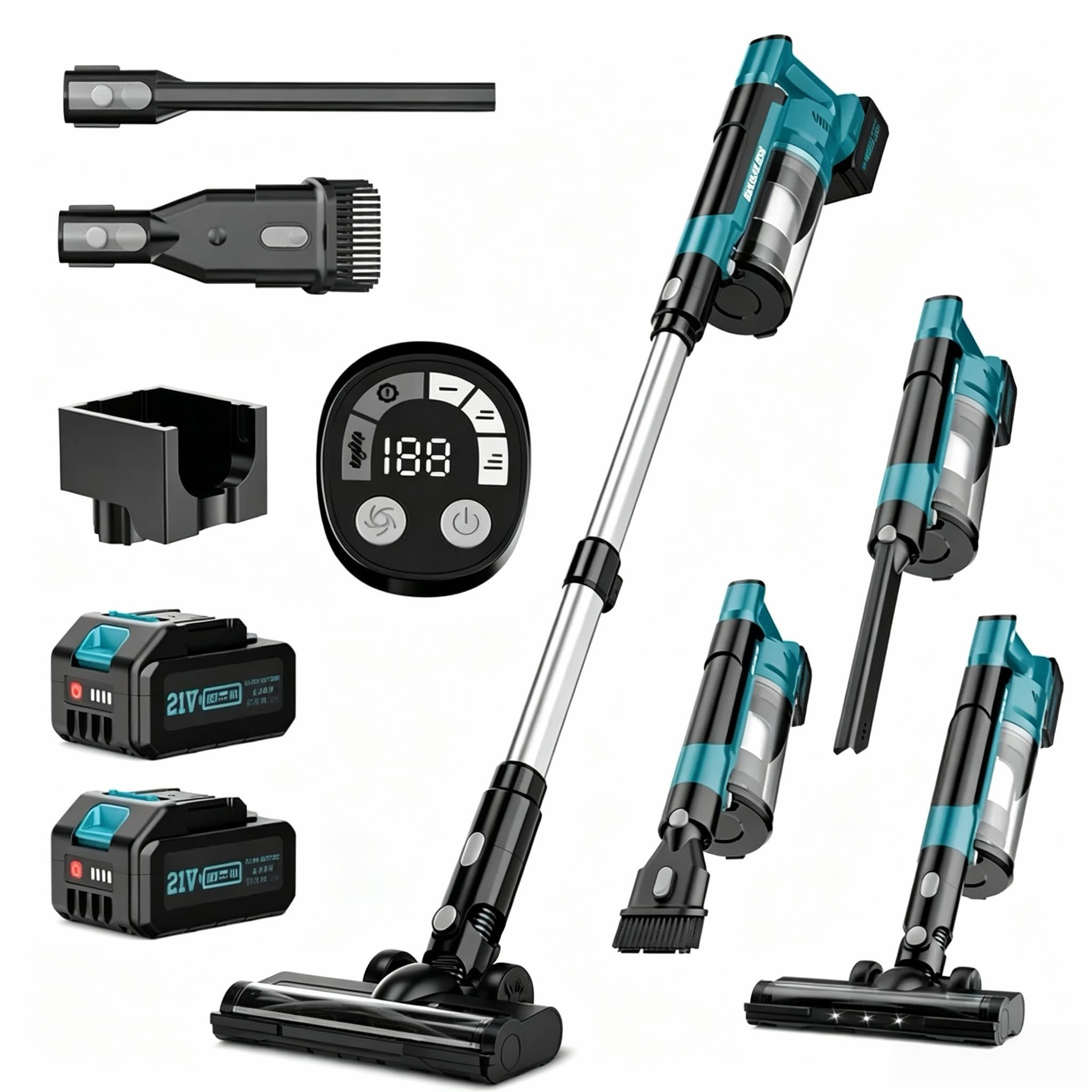 60KPA/700W Aspiradora Sin Cable Potente, 70Mins Escoba Aspiradora Sin Cable con Baterías Desmontables de 2 * 4,0Ah, Cepillo Anti-Enredo,Pantalla LED, para Mascotas/Suelos/Alfombras/Coche