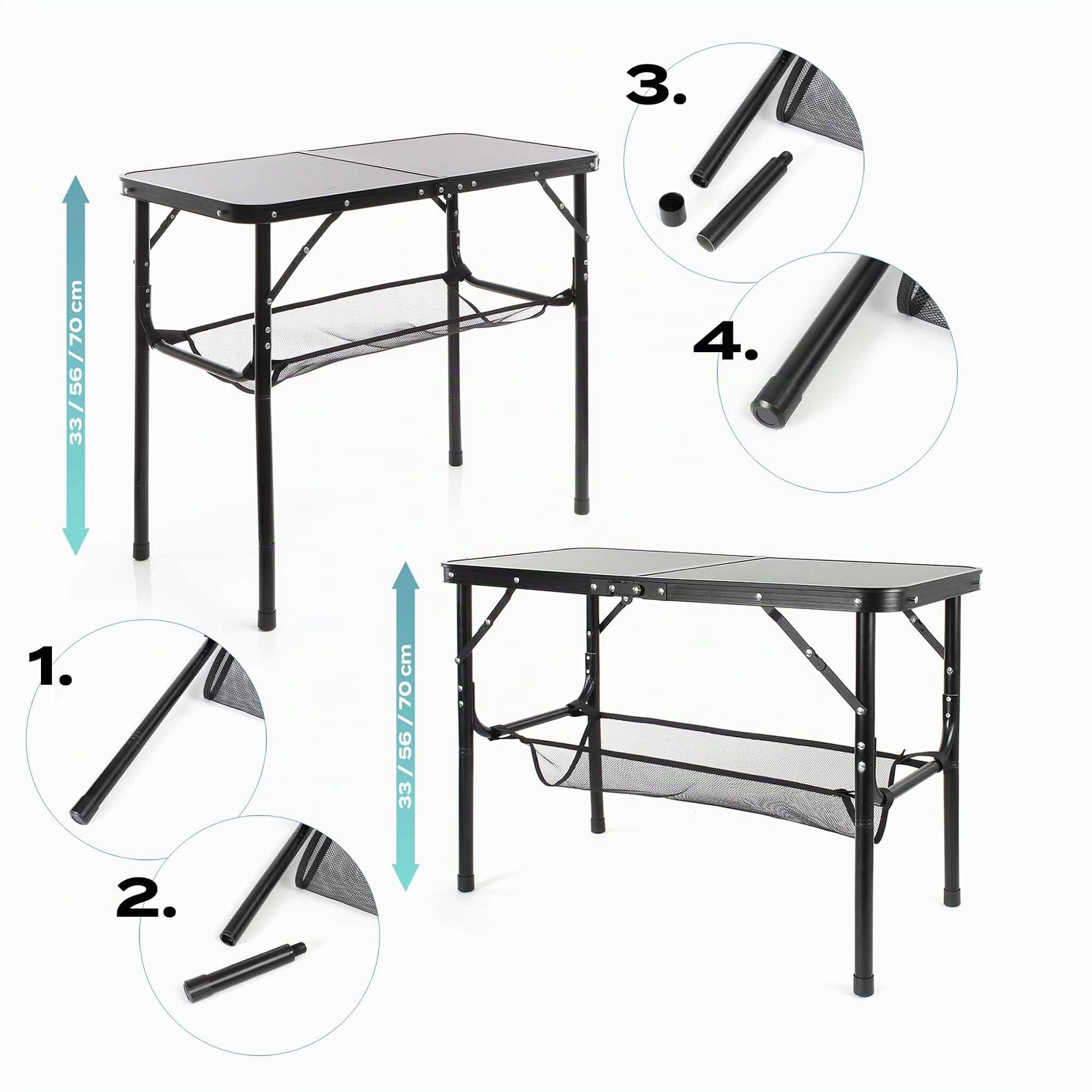 Wiltec Tavolo da campeggio portatile in alluminio 80x40cm regolabile in altezza 70/56/44/33cm nero