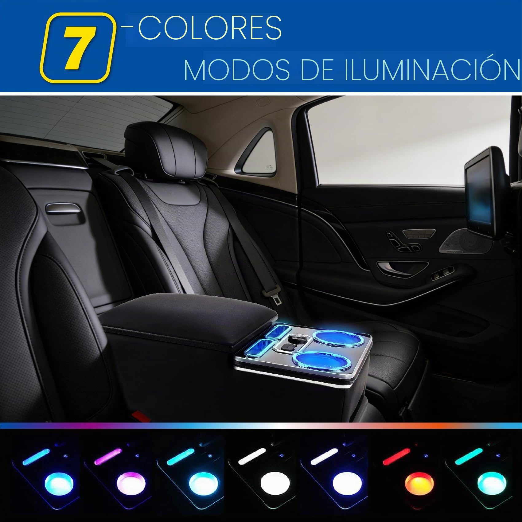 Consola central universal para coche con estantes, organizador con soporte para bebidas, puerto USB y 7 luces LED, compatible con autobús, camiones, furgonetas, SUV, asiento trasero y asiento