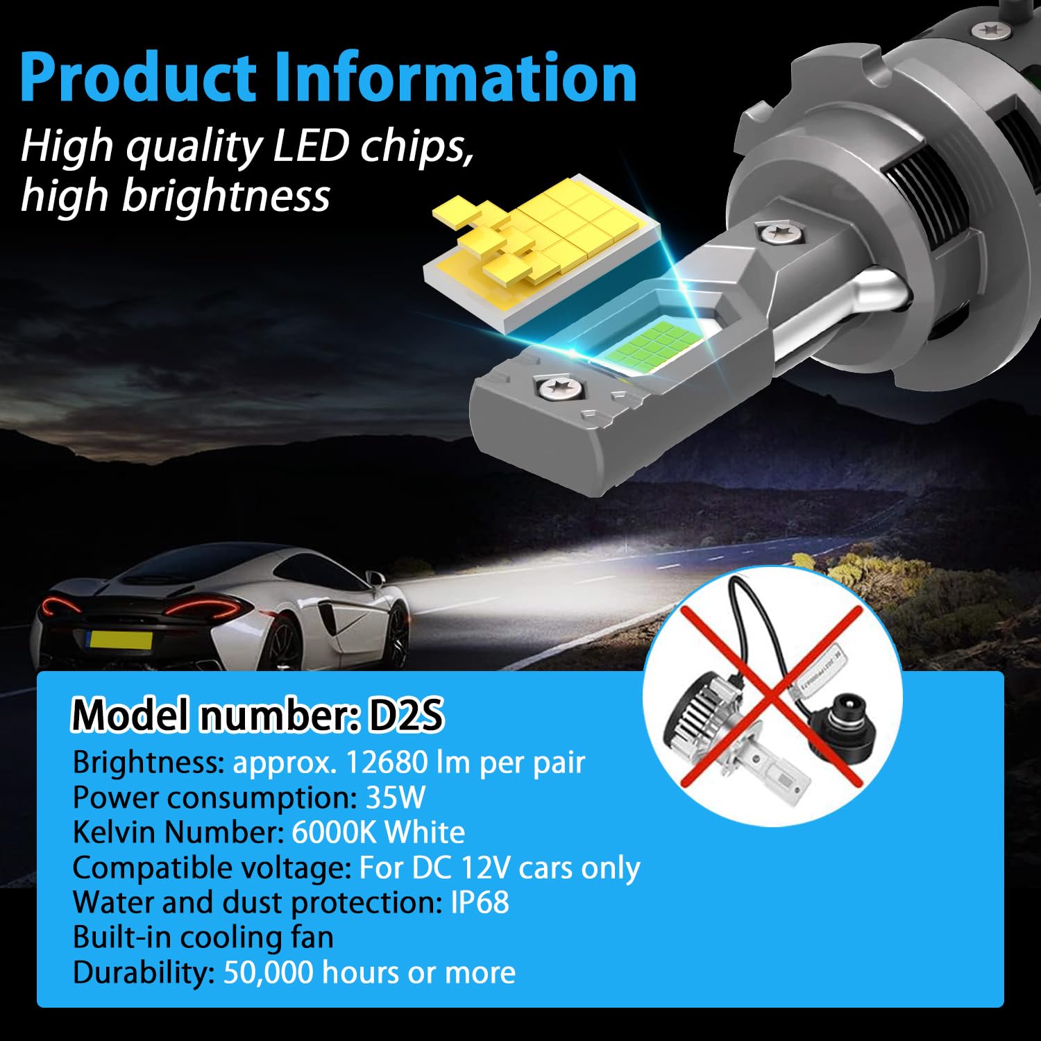 WinPower D2S Lampadina LED 35W 6340LM 6000K Bianco freddo Abbagliante Anabbagliante Xenon HID Kit di conversione, 2 pz.