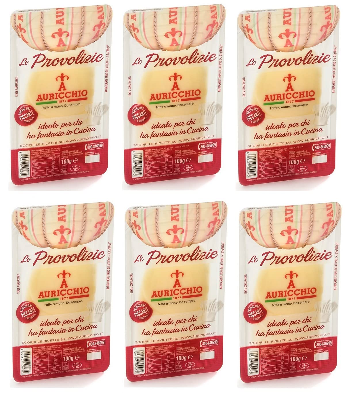 Auricchio Le Provolizie Provolone Piccante Lot de 6 fromages épicés en tranches avec lait 100 % italien 100 g