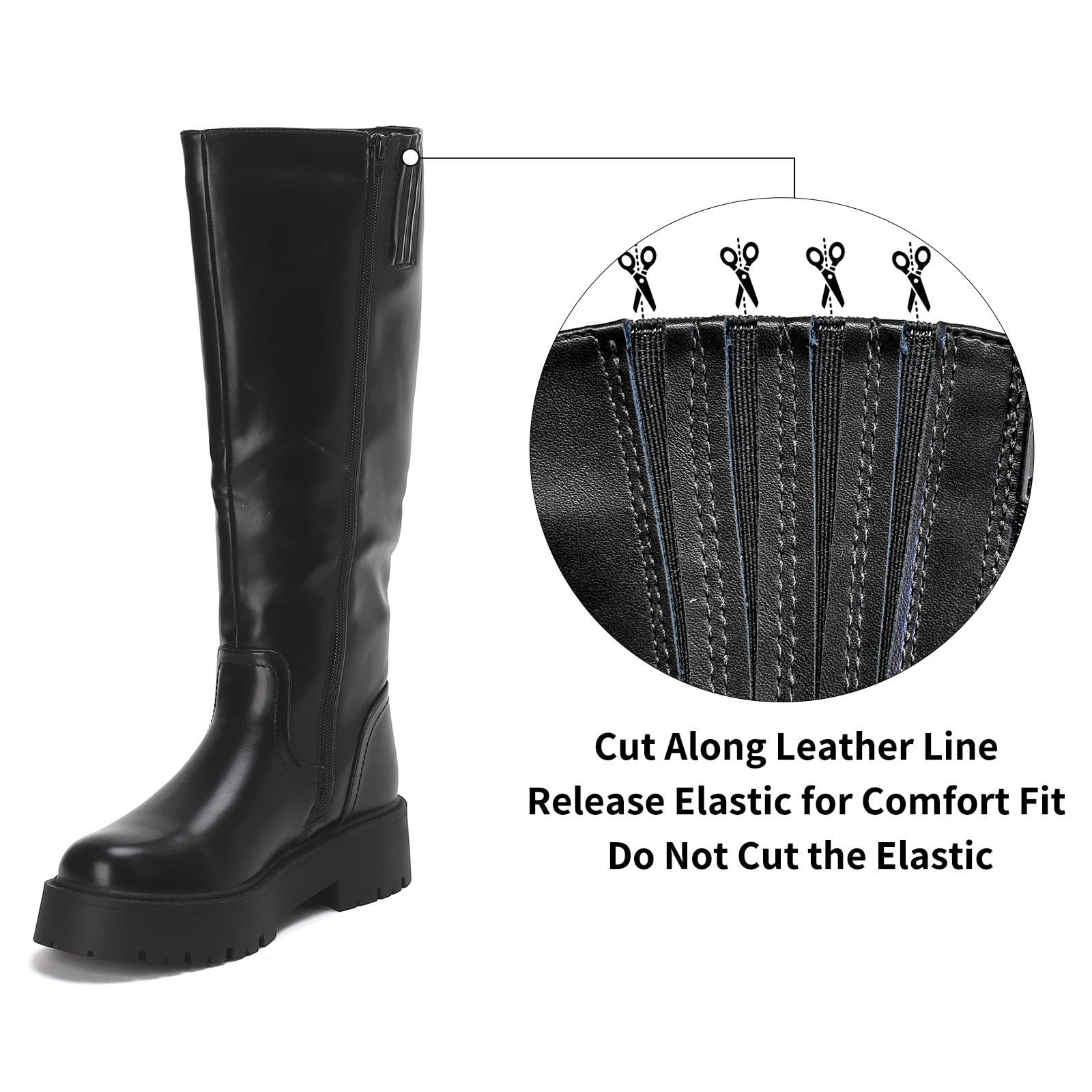 Putu Damen Stiefel Plateau mit Blockabsatz und Profilsohle 36-41 | Knielange Damen Stiefel mit Plateau, Kunstleder-Obermaterial, seitlichem Reißverschluss und grober Profilsohle für Alltag